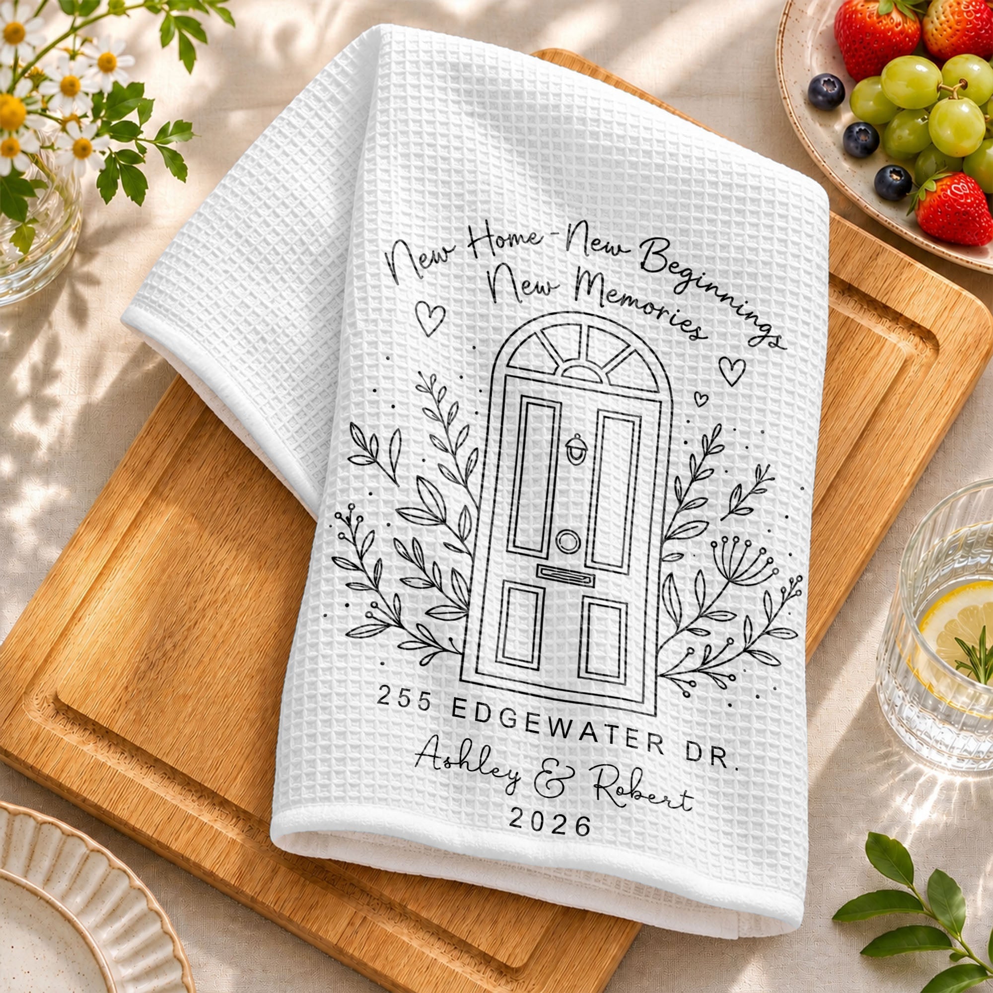 Personalized Floral Heart Kitchen Towel Custom Name Gift for Family