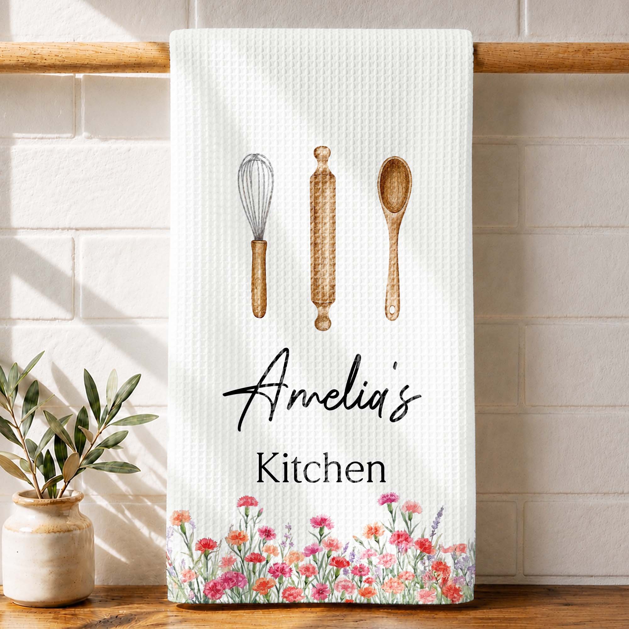 Personalized Kitchen Towel Custom Name Flowers Gift for Mom