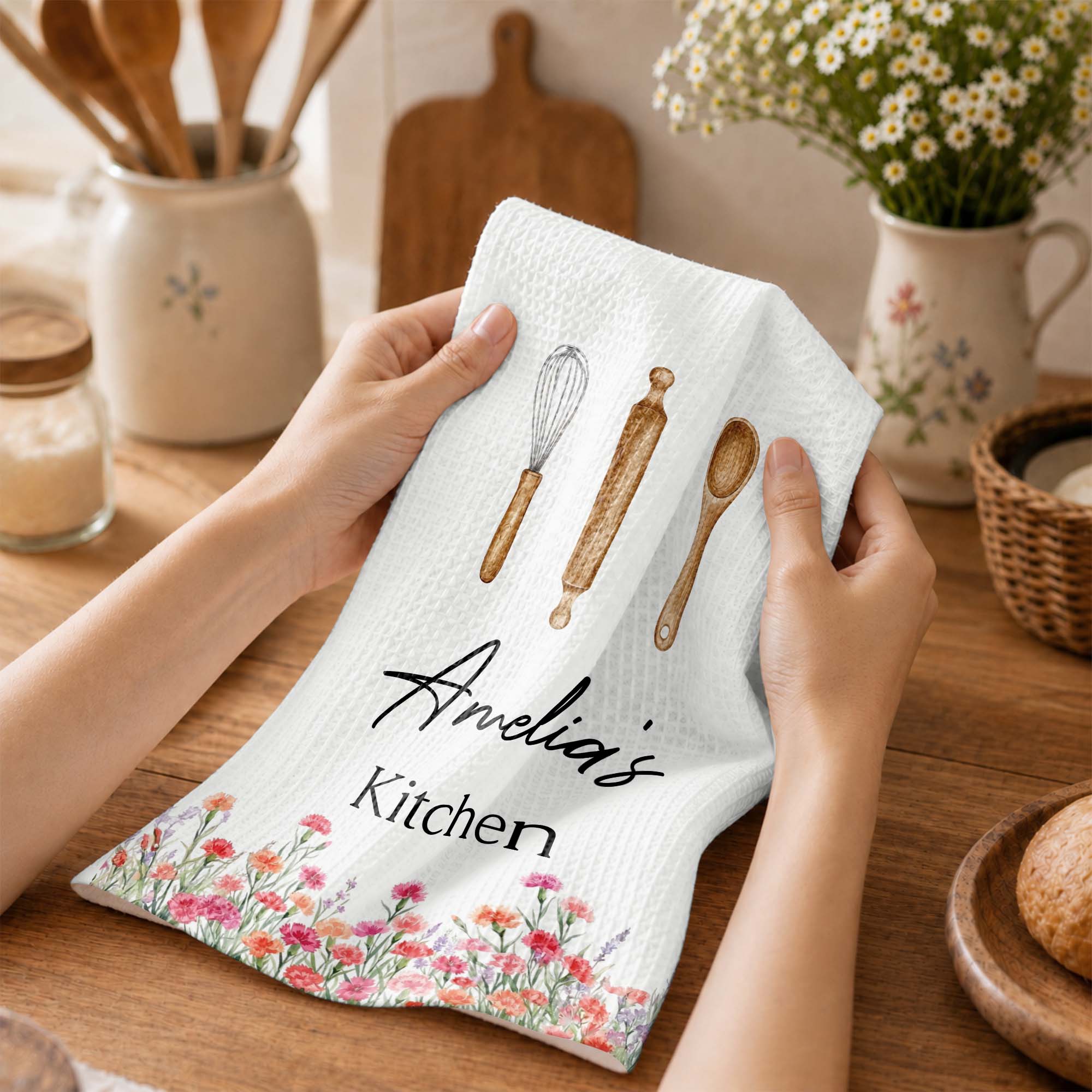 Personalized Kitchen Towel Custom Name Flowers Gift for Mom