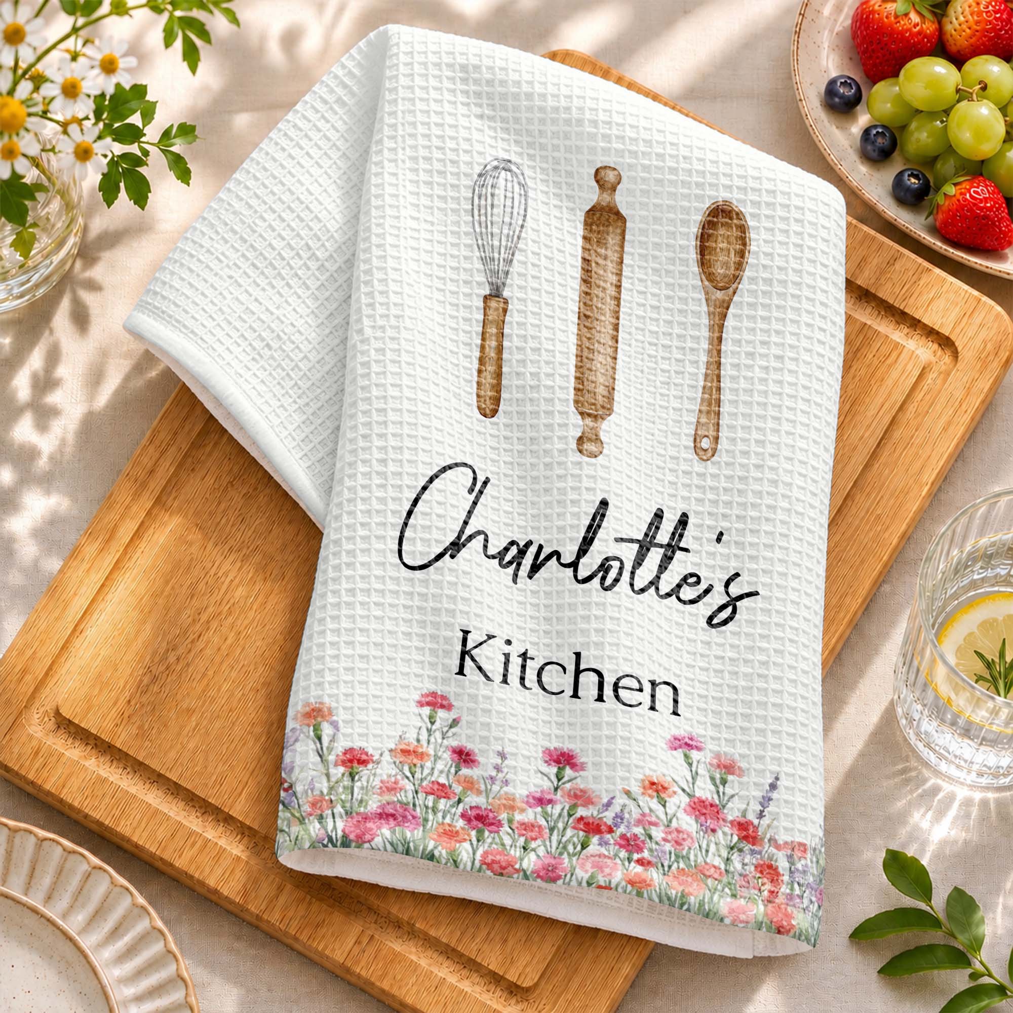 Personalized Kitchen Towel Custom Name Flowers Gift for Mom