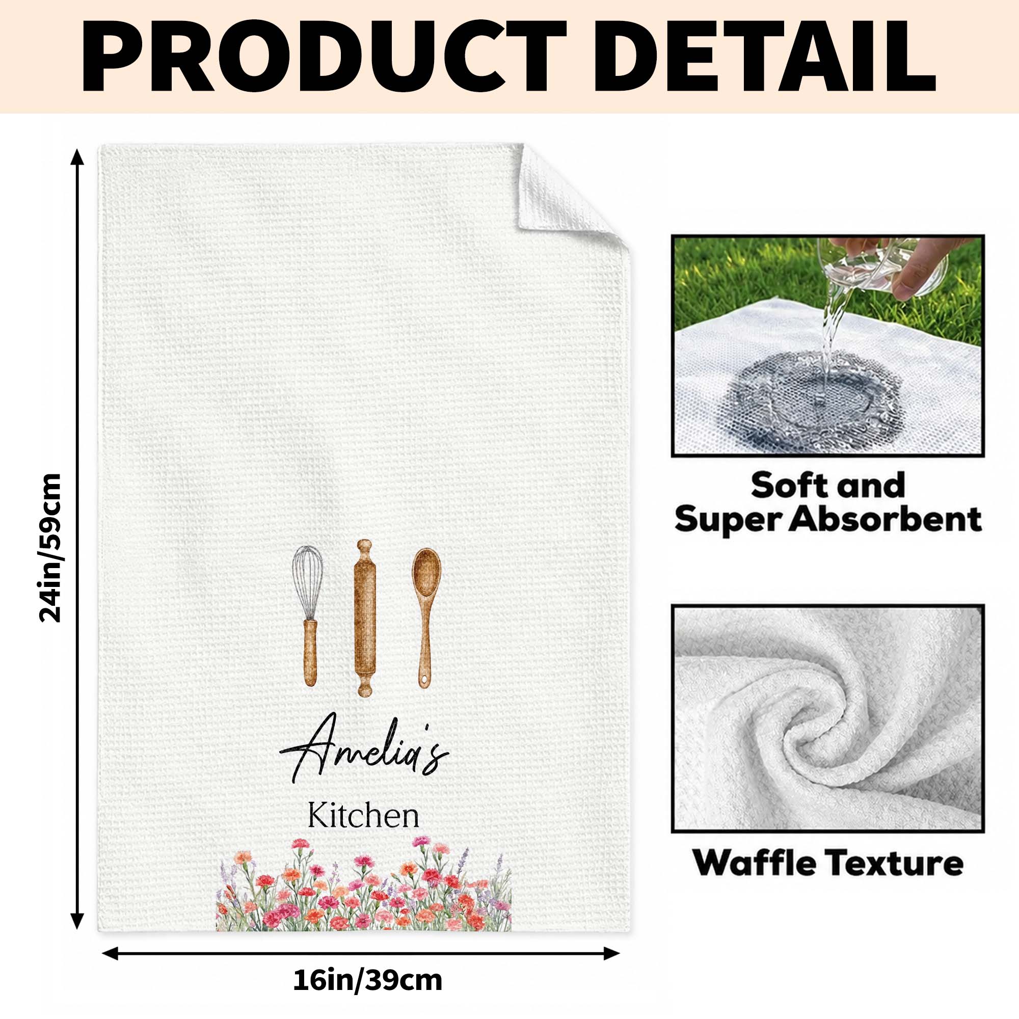 Personalized Kitchen Towel Custom Name Flowers Gift for Mom