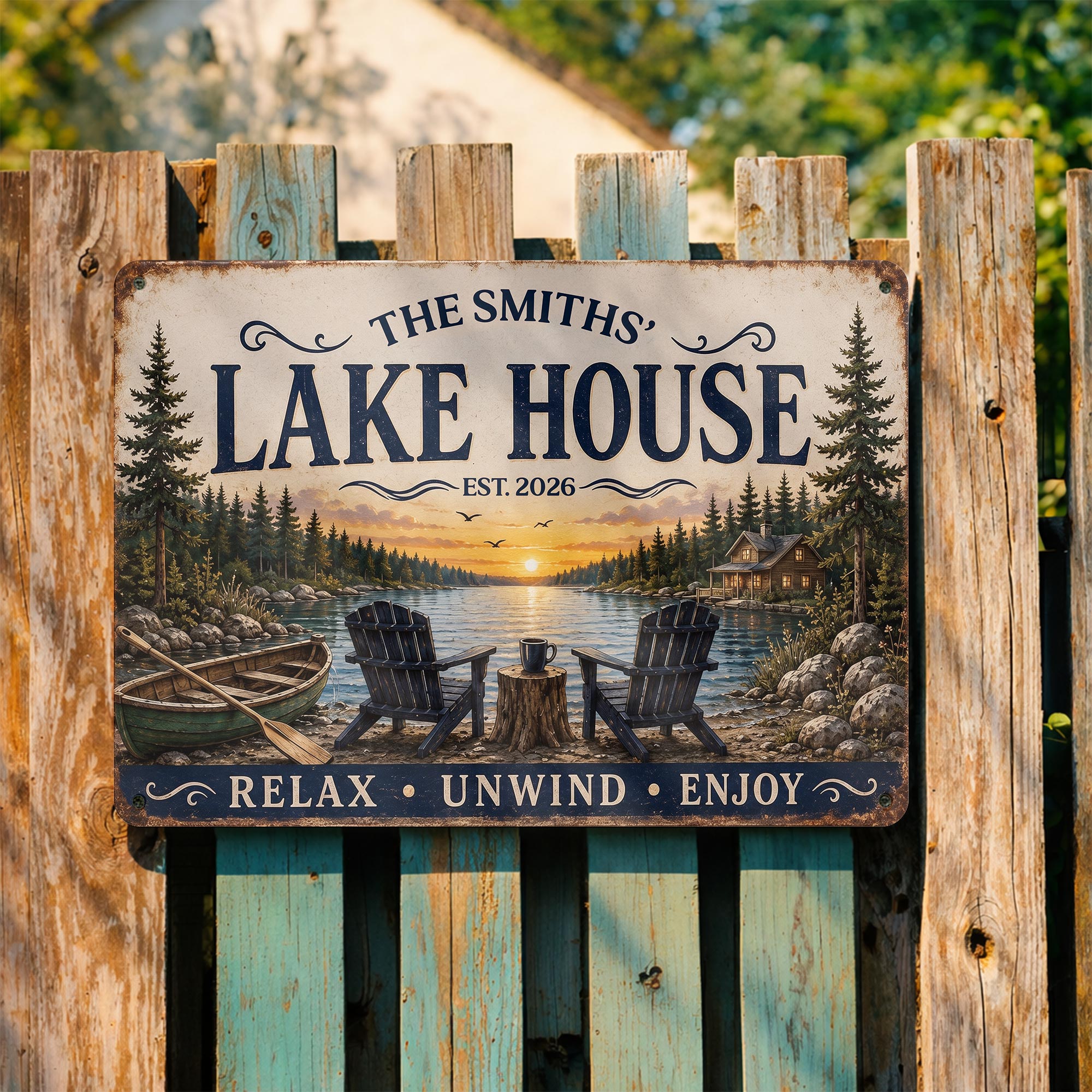 Personalized Lake House Metal Sign Custom Name Gift