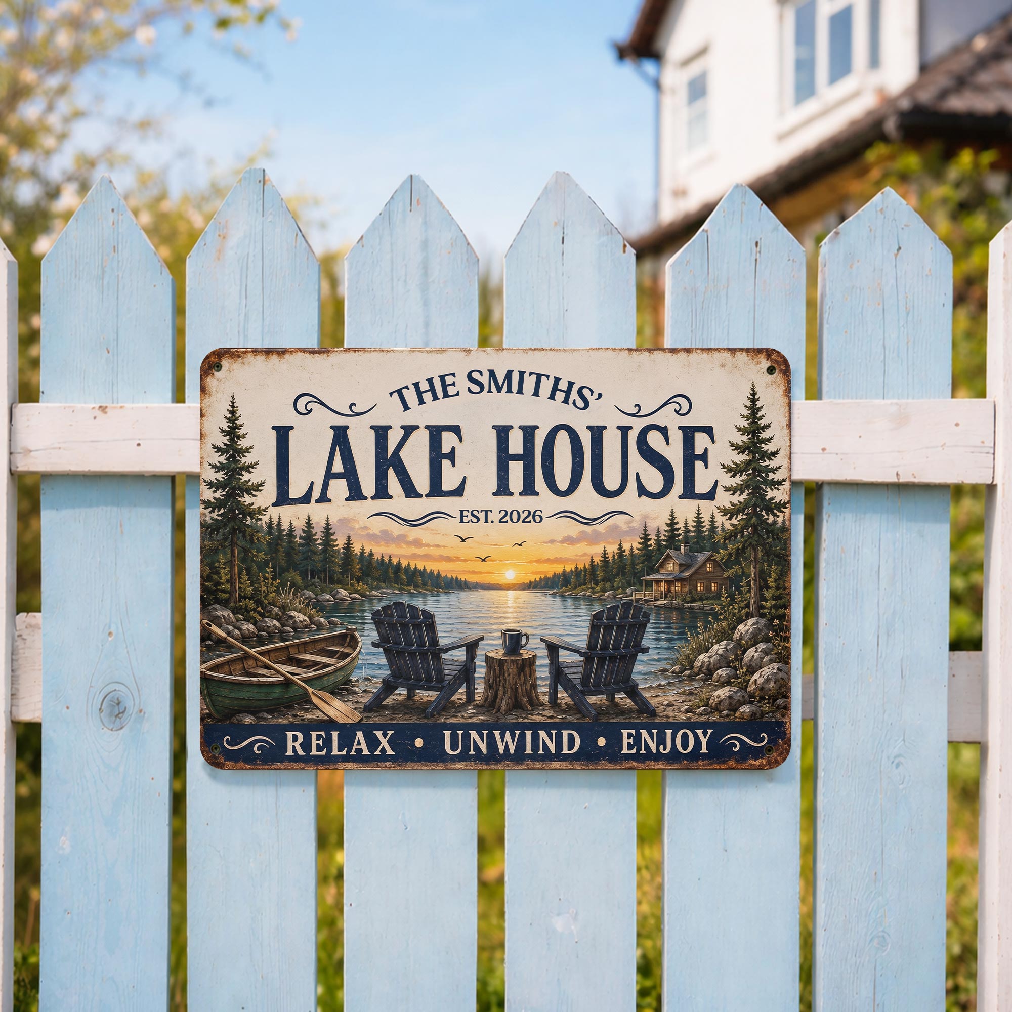 Personalized Lake House Metal Sign Custom Name Gift