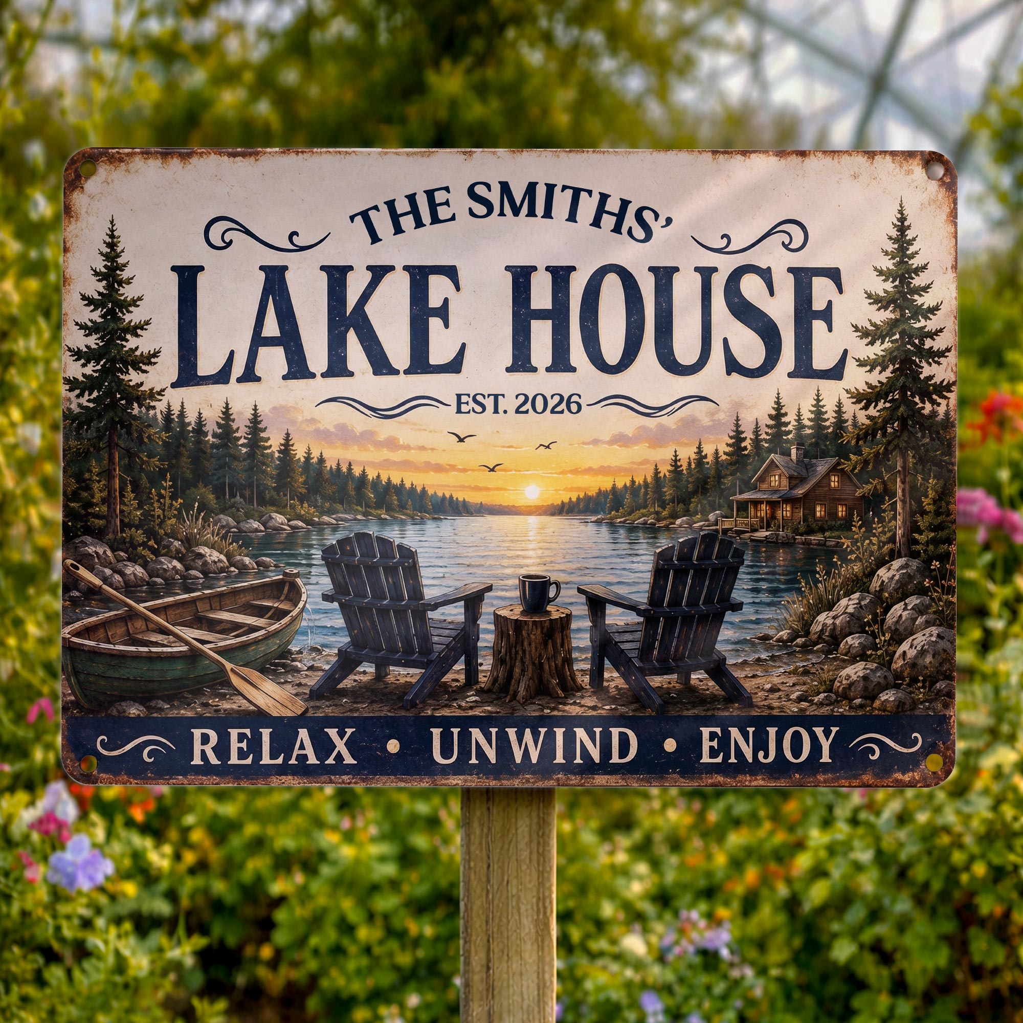 Personalized Lake House Metal Sign Custom Name Gift