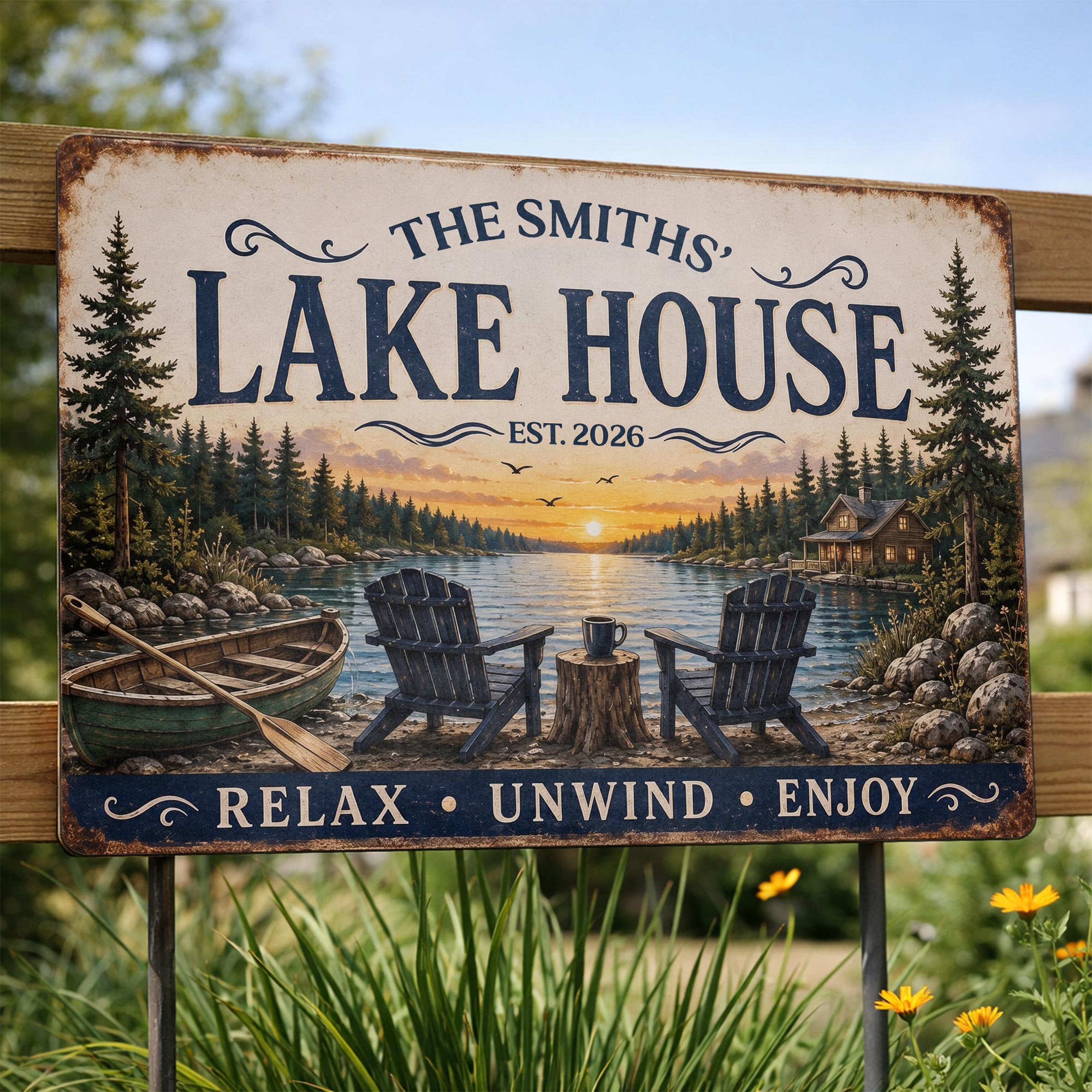 Personalized Lake House Metal Sign Custom Name Gift