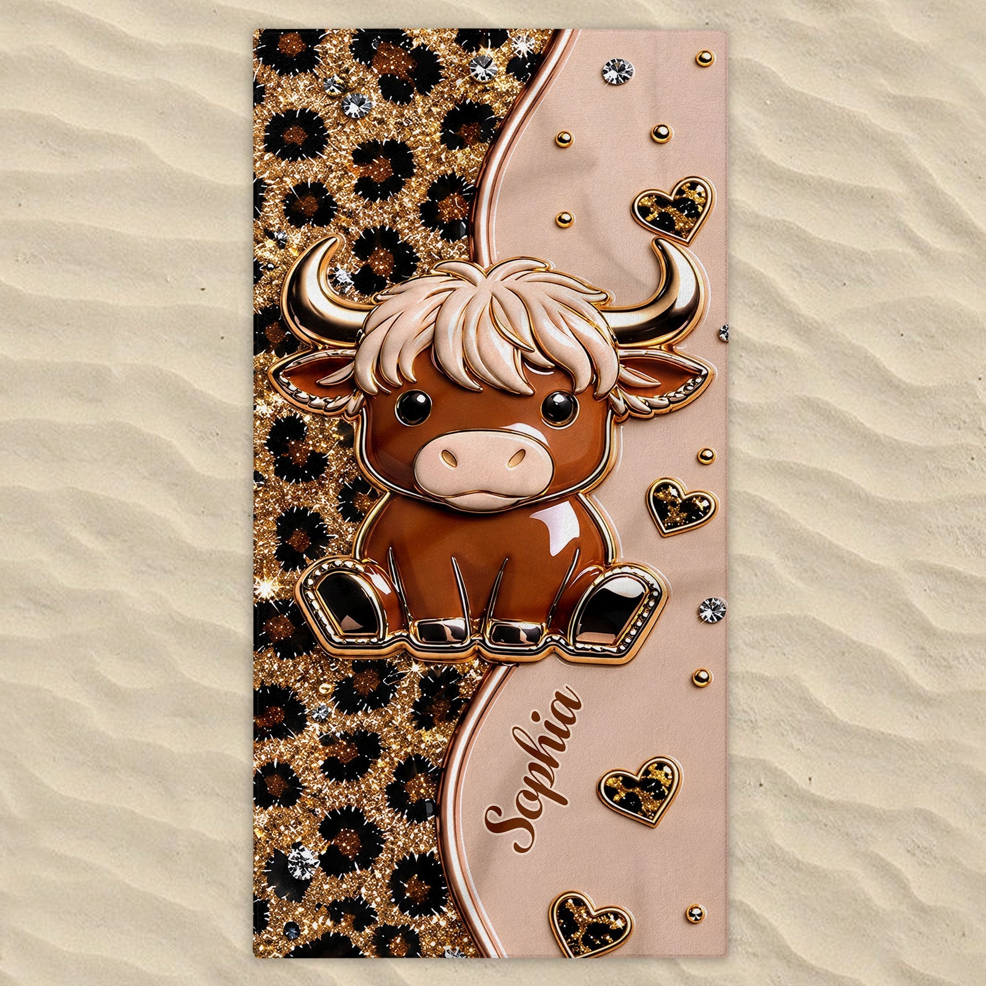 Personalized Highland Cow Leopard Print Beach Towel Gift