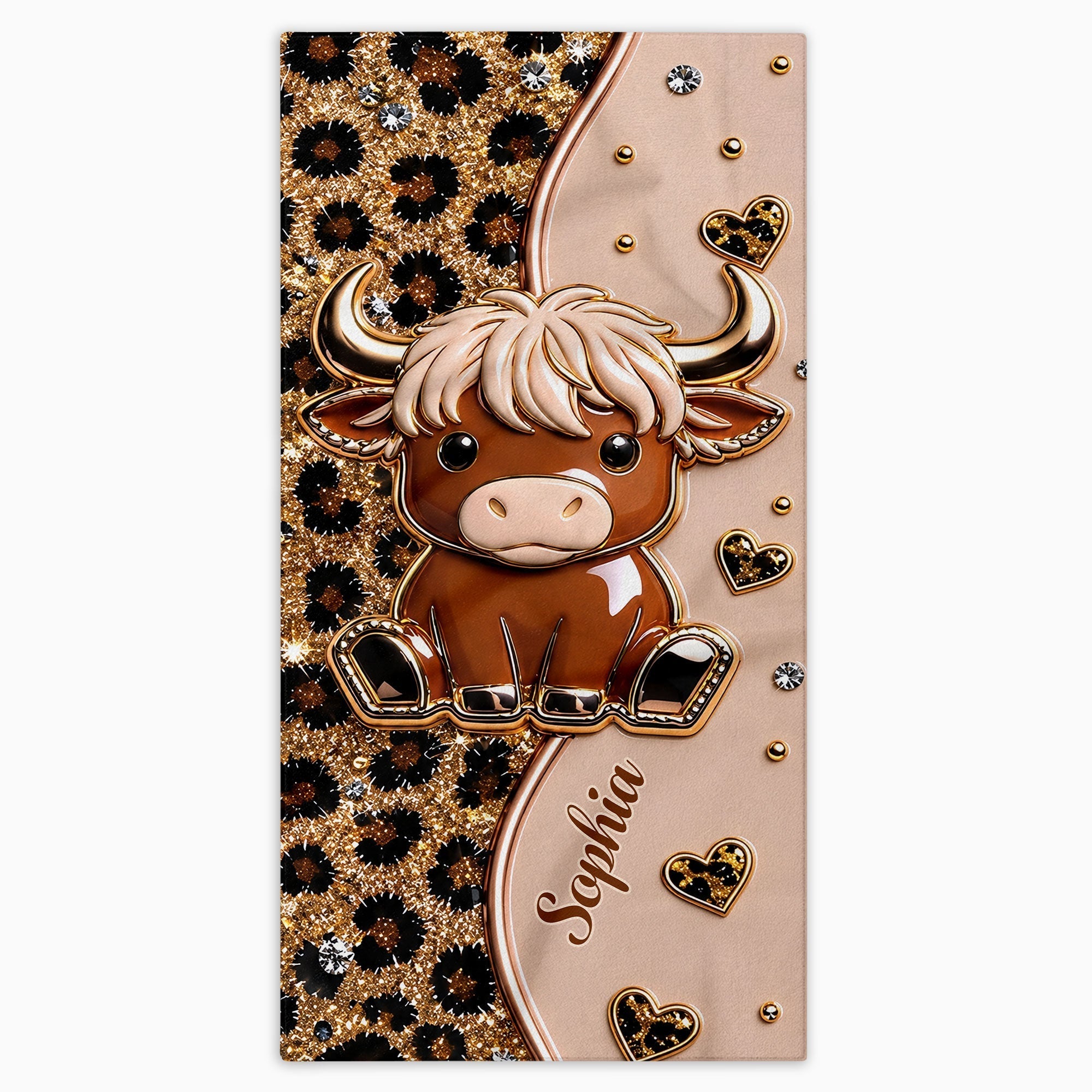 Personalized Highland Cow Leopard Print Beach Towel Gift