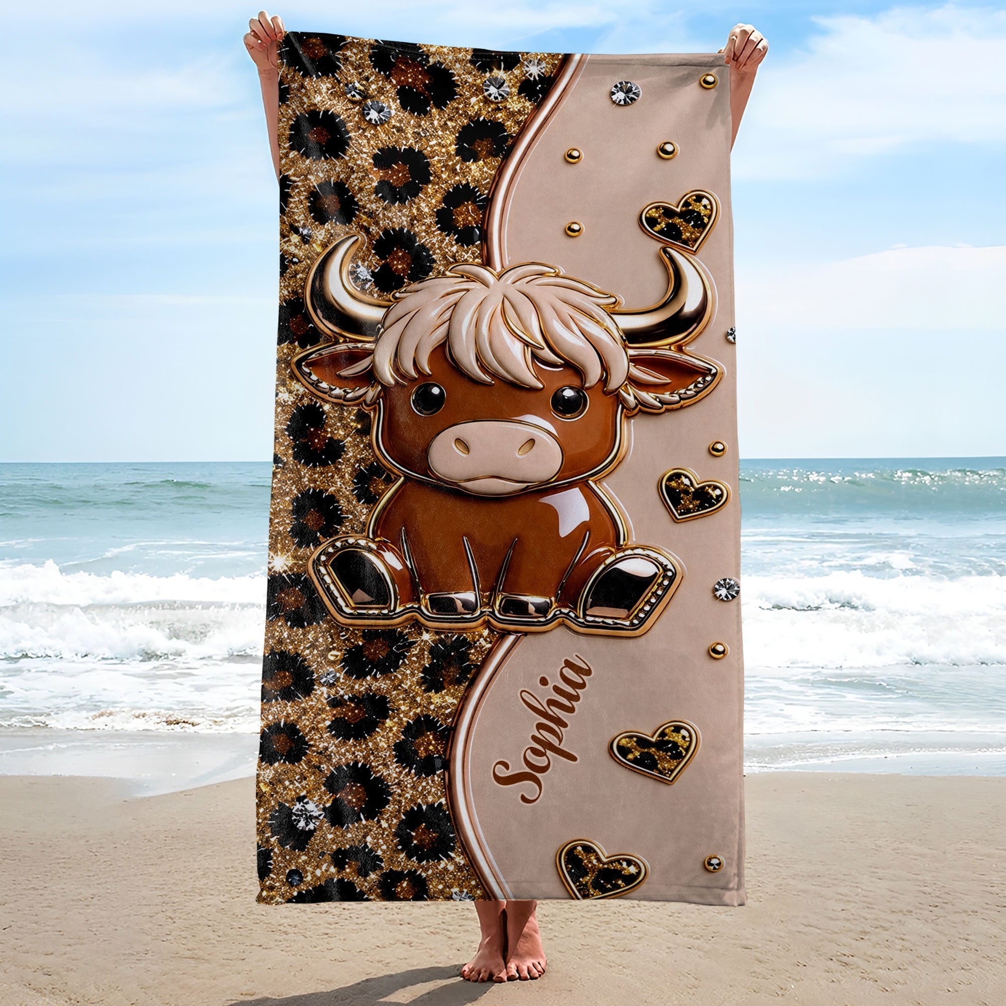 Personalized Highland Cow Leopard Print Beach Towel Gift