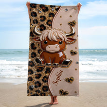 Load image into Gallery viewer, Personalized Highland Cow Leopard Print Beach Towel Gift
