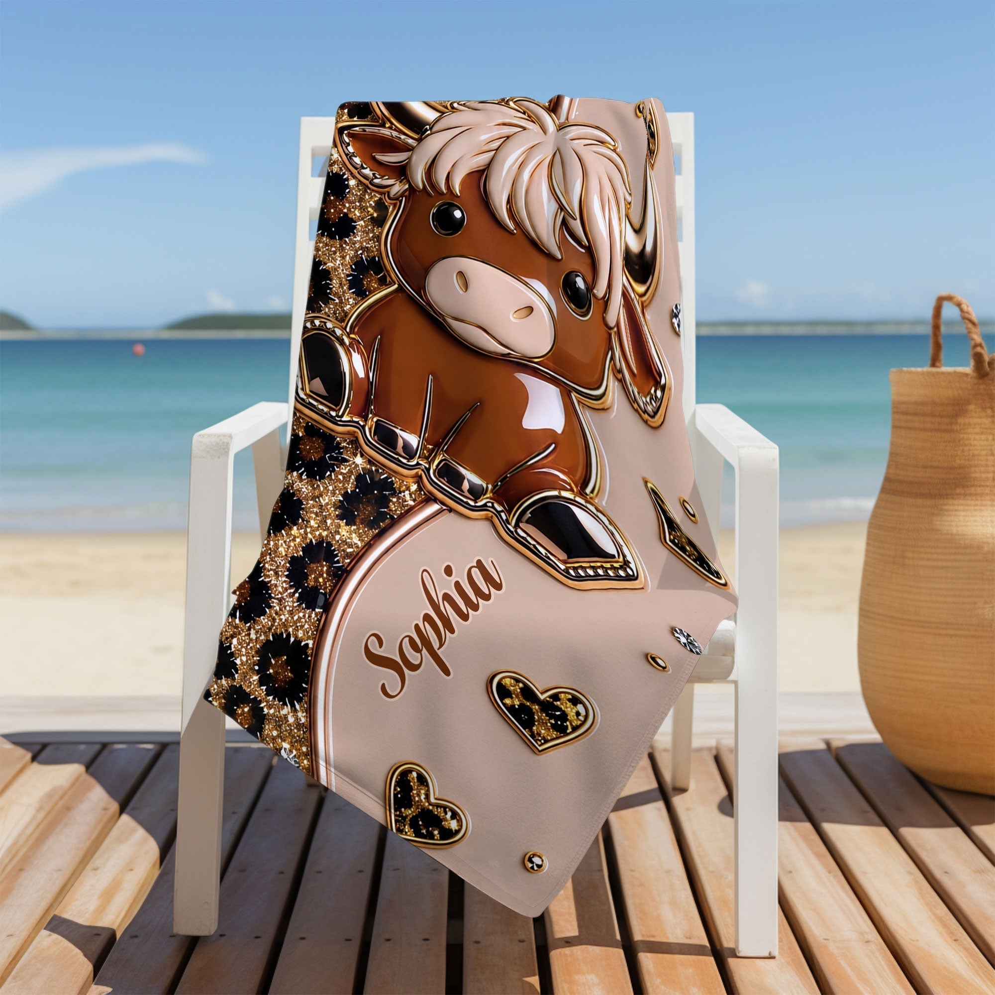 Personalized Highland Cow Leopard Print Beach Towel Gift