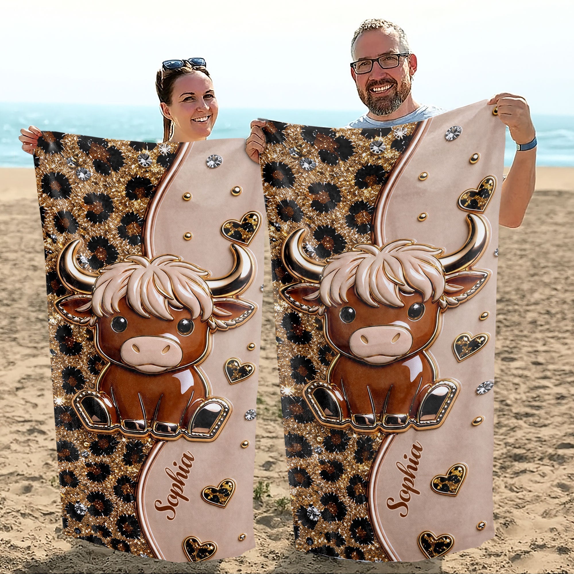 Personalized Highland Cow Leopard Print Beach Towel Gift