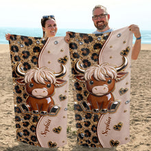 Load image into Gallery viewer, Personalized Highland Cow Leopard Print Beach Towel Gift
