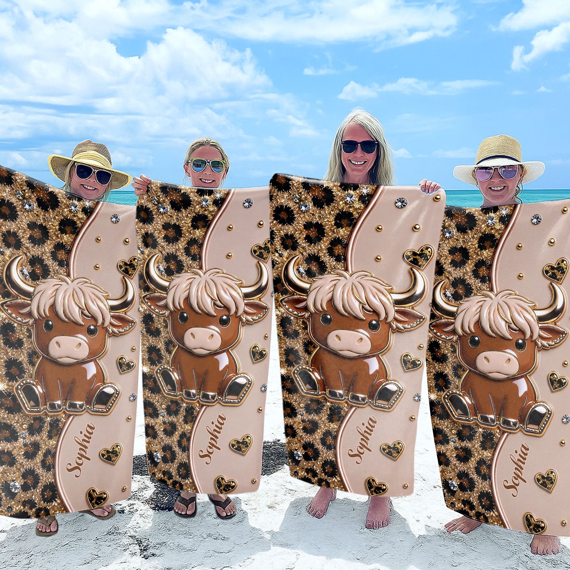Personalized Highland Cow Leopard Print Beach Towel Gift