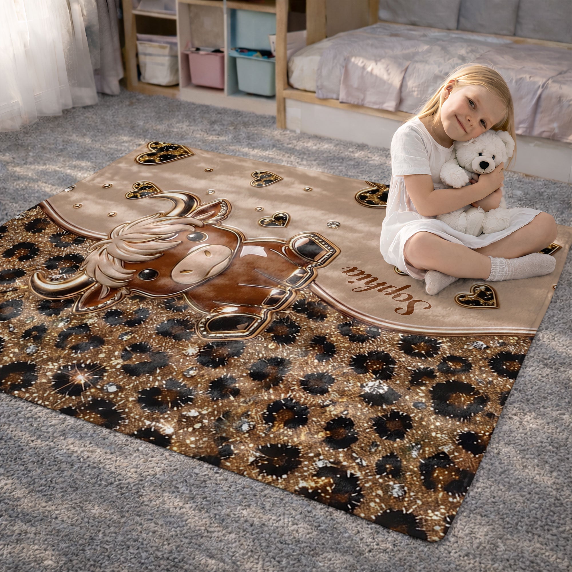 Personalized Highland Cow Blanket with Hearts Custom Gift for Animal Lovers