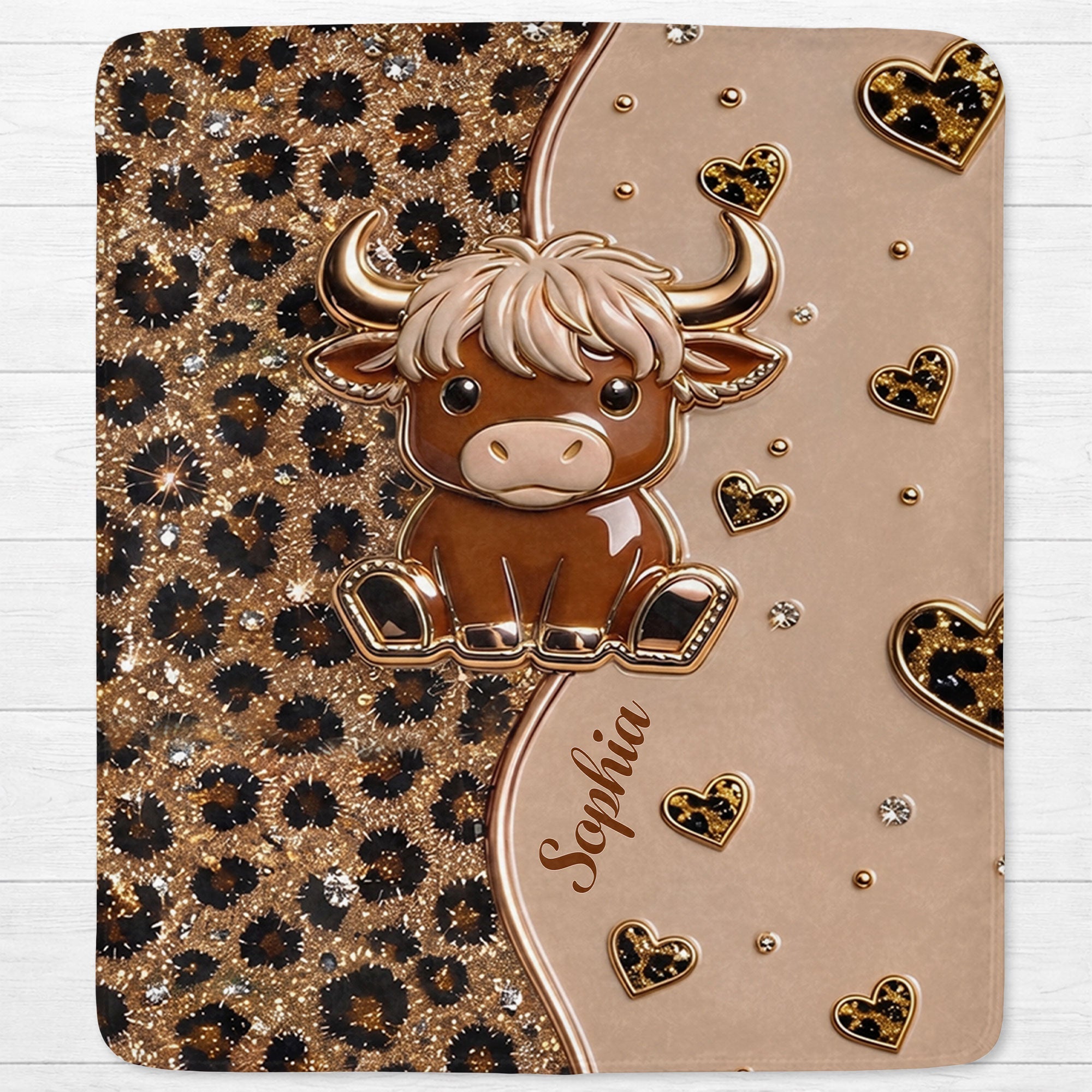 Personalized Highland Cow Blanket with Hearts Custom Gift for Animal Lovers