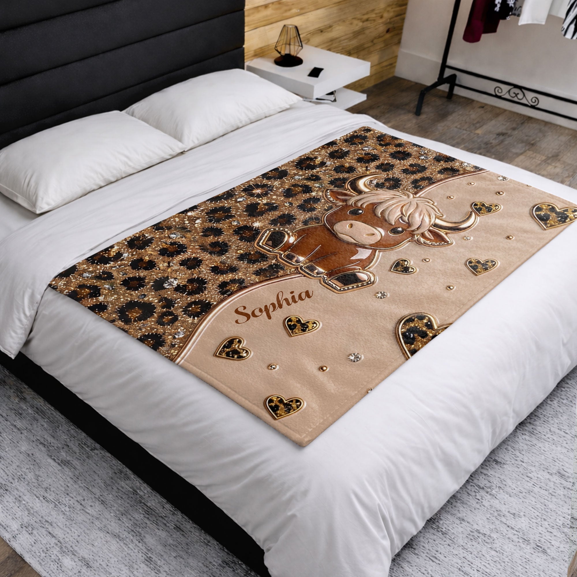 Personalized Highland Cow Blanket with Hearts Custom Gift for Animal Lovers