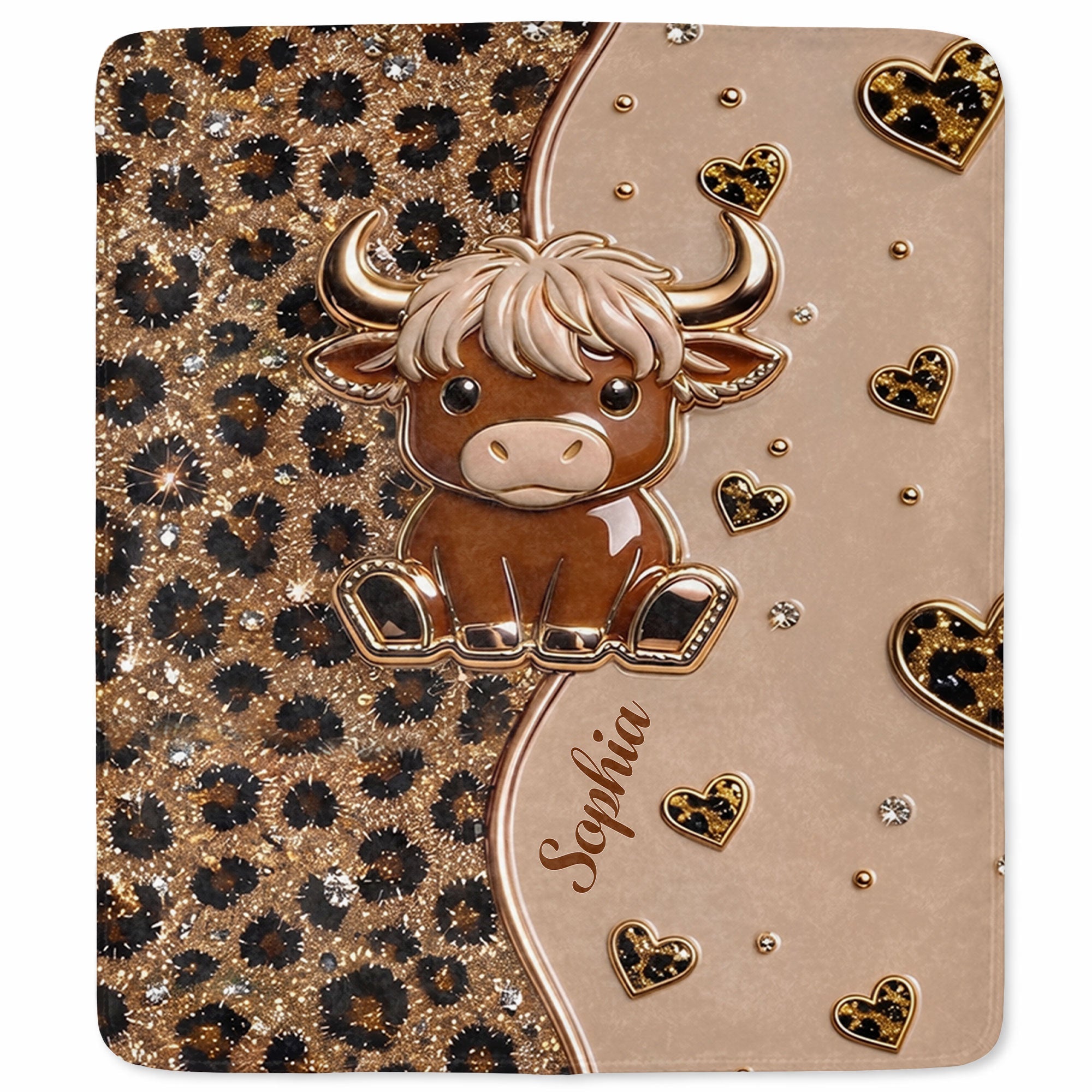 Personalized Highland Cow Blanket with Hearts Custom Gift for Animal Lovers