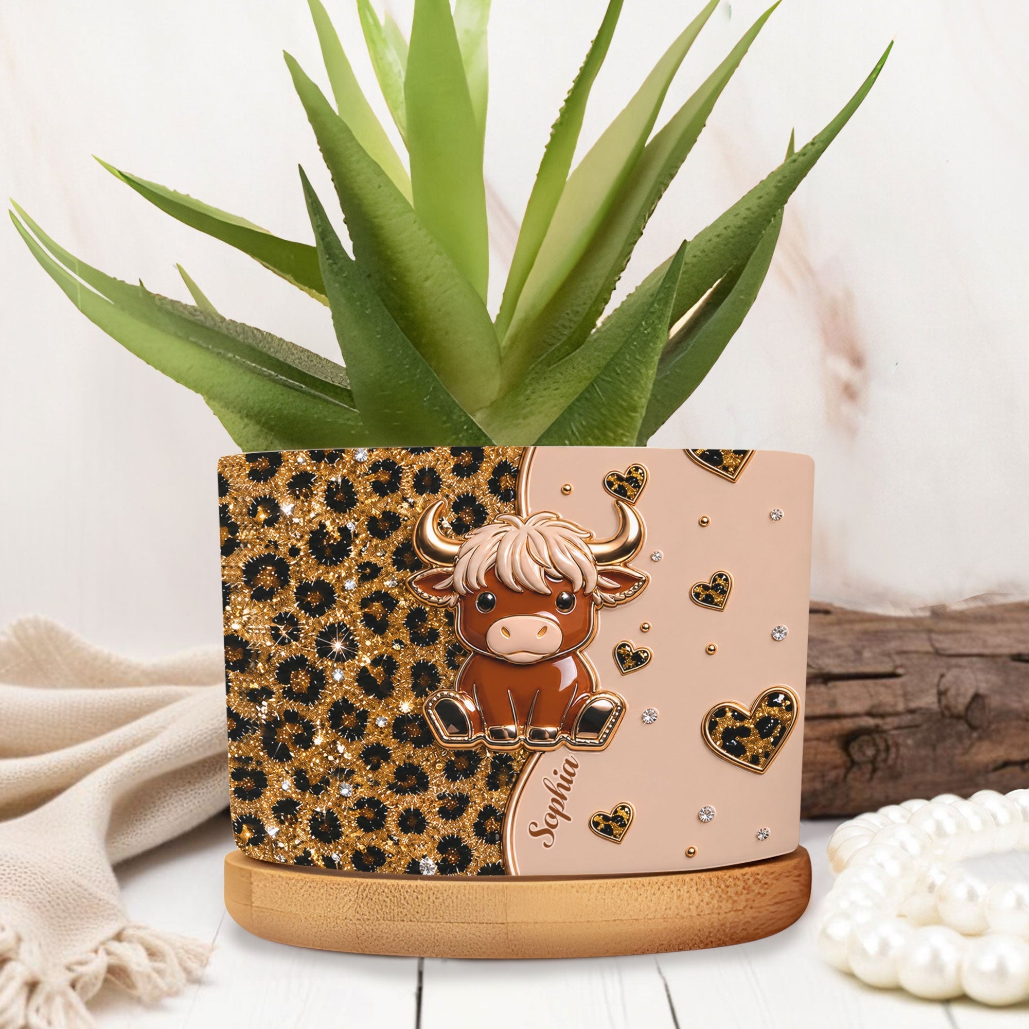 Personalized Highland Cow Ceramic Plant Pot Custom Name Gift