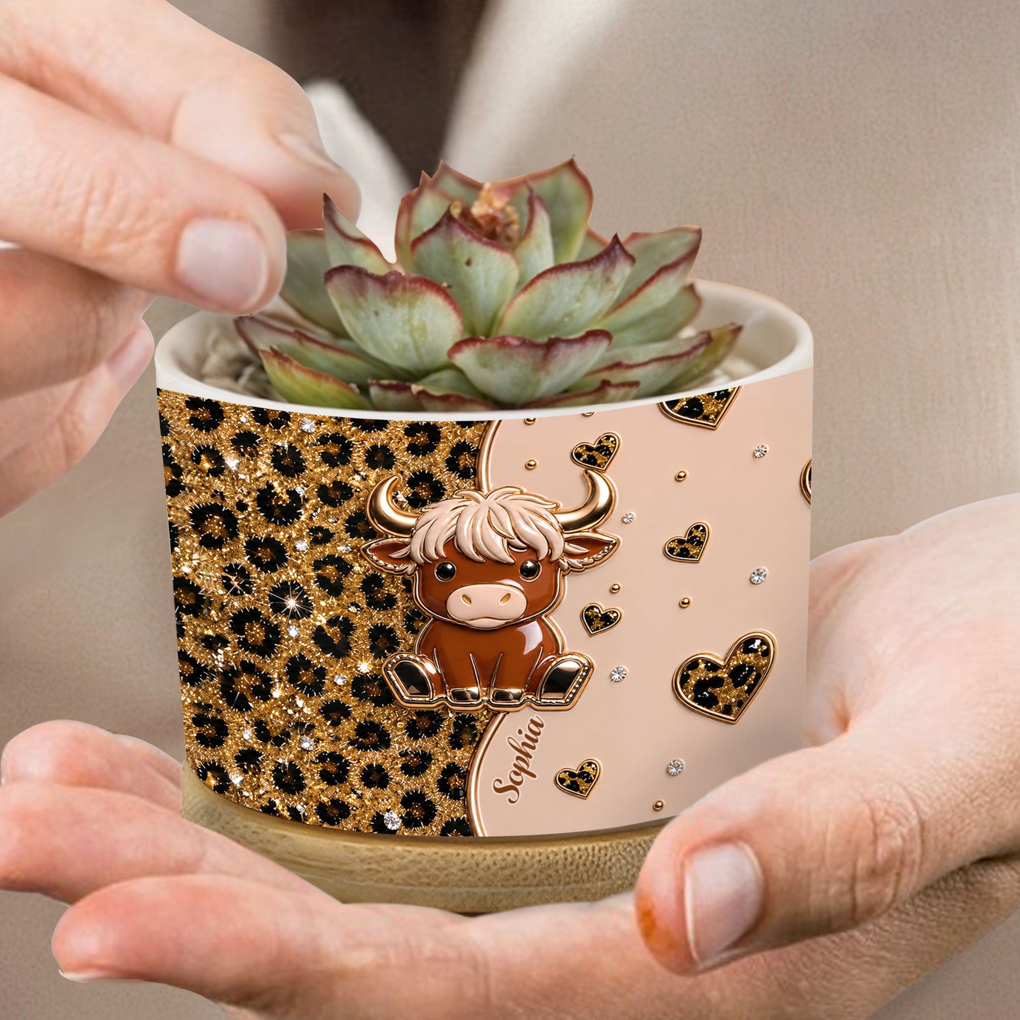Personalized Highland Cow Ceramic Plant Pot Custom Name Gift