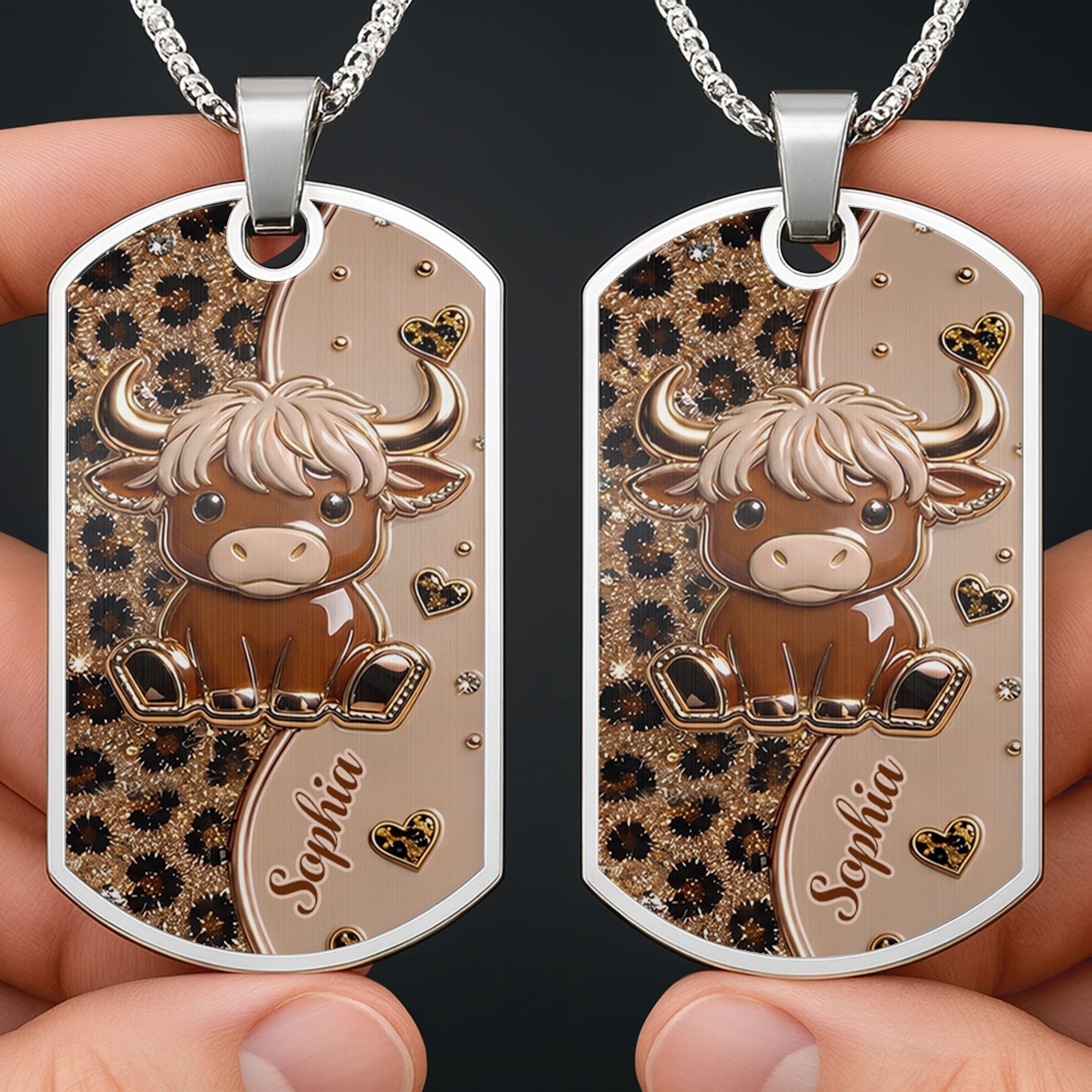 Personalized Highland Cow Dog Tag Necklace Custom Name Gift