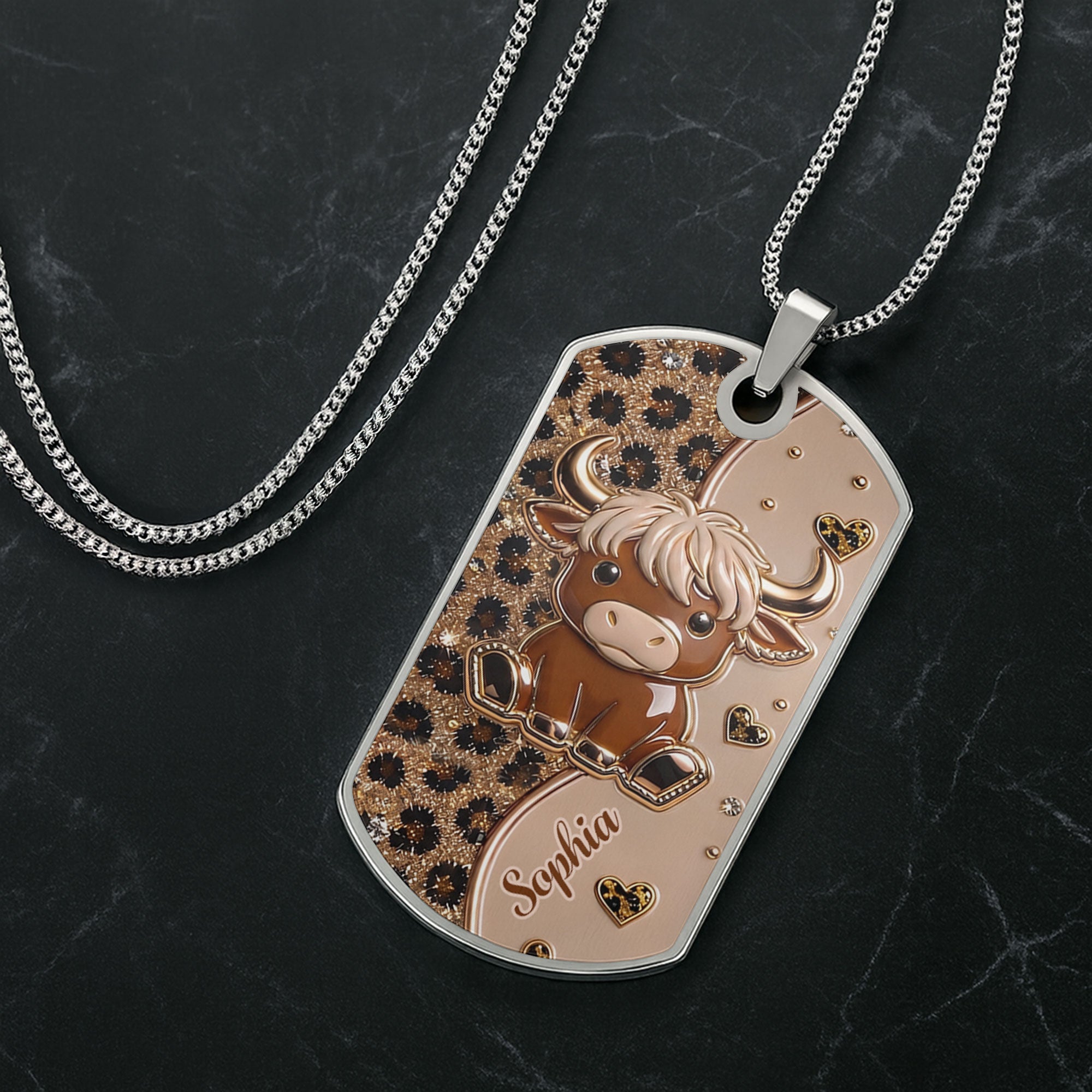 Personalized Highland Cow Dog Tag Necklace Custom Name Gift