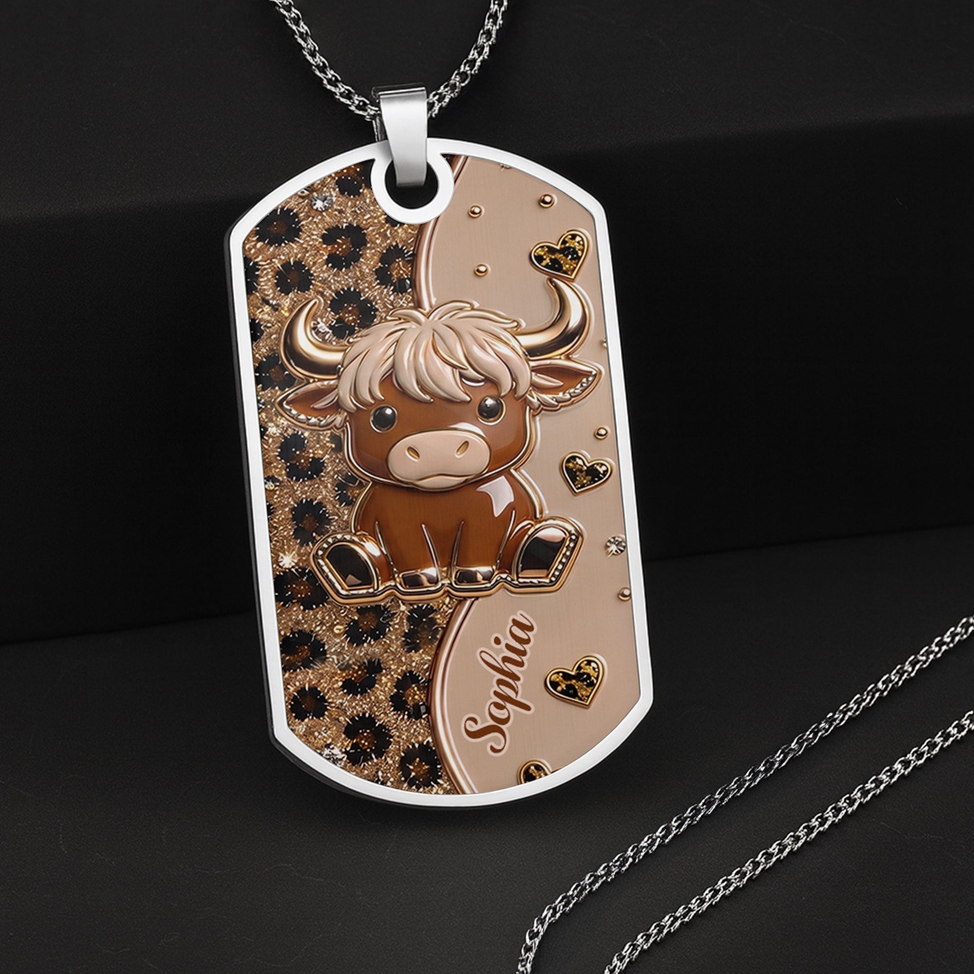 Personalized Highland Cow Dog Tag Necklace Custom Name Gift
