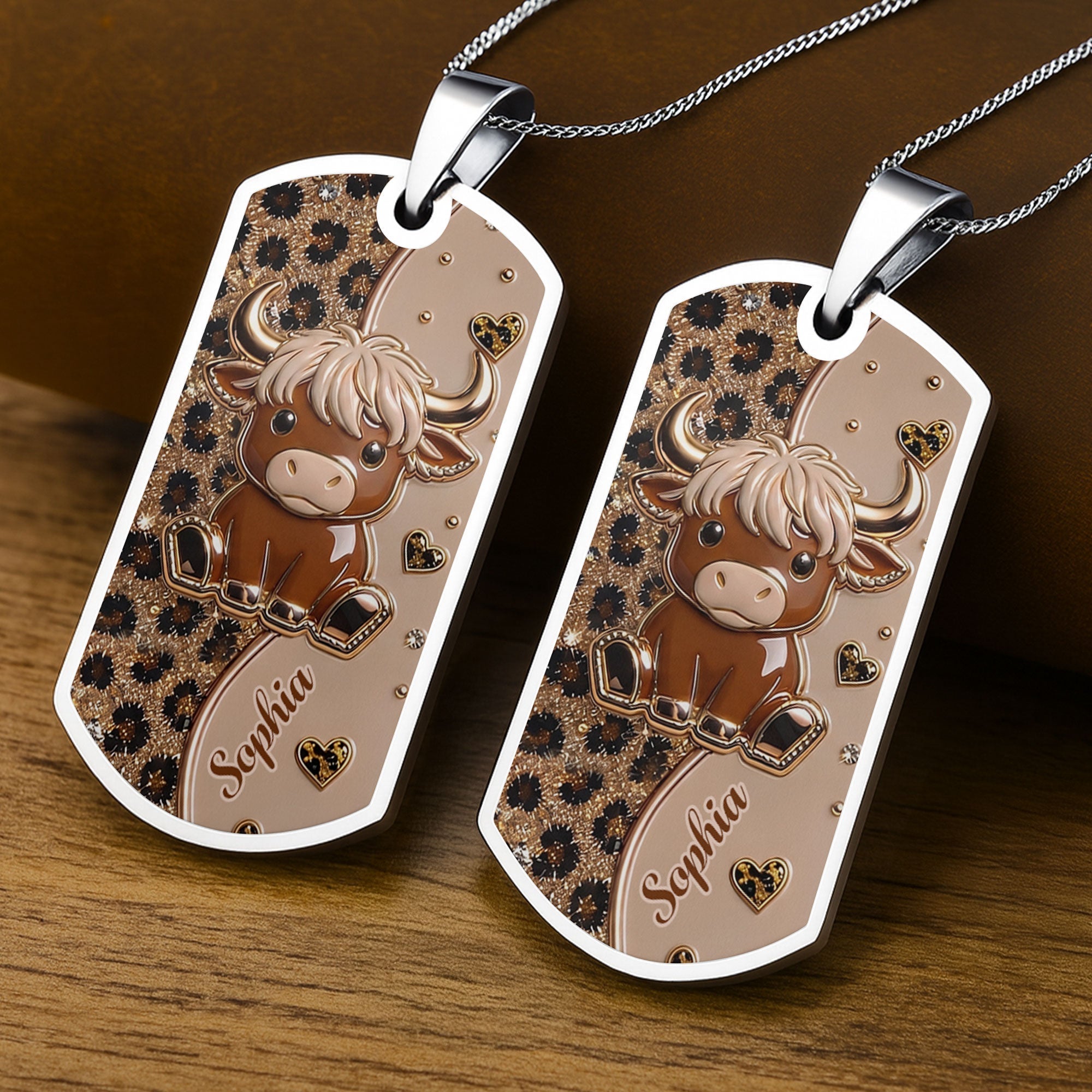 Personalized Highland Cow Dog Tag Necklace Custom Name Gift