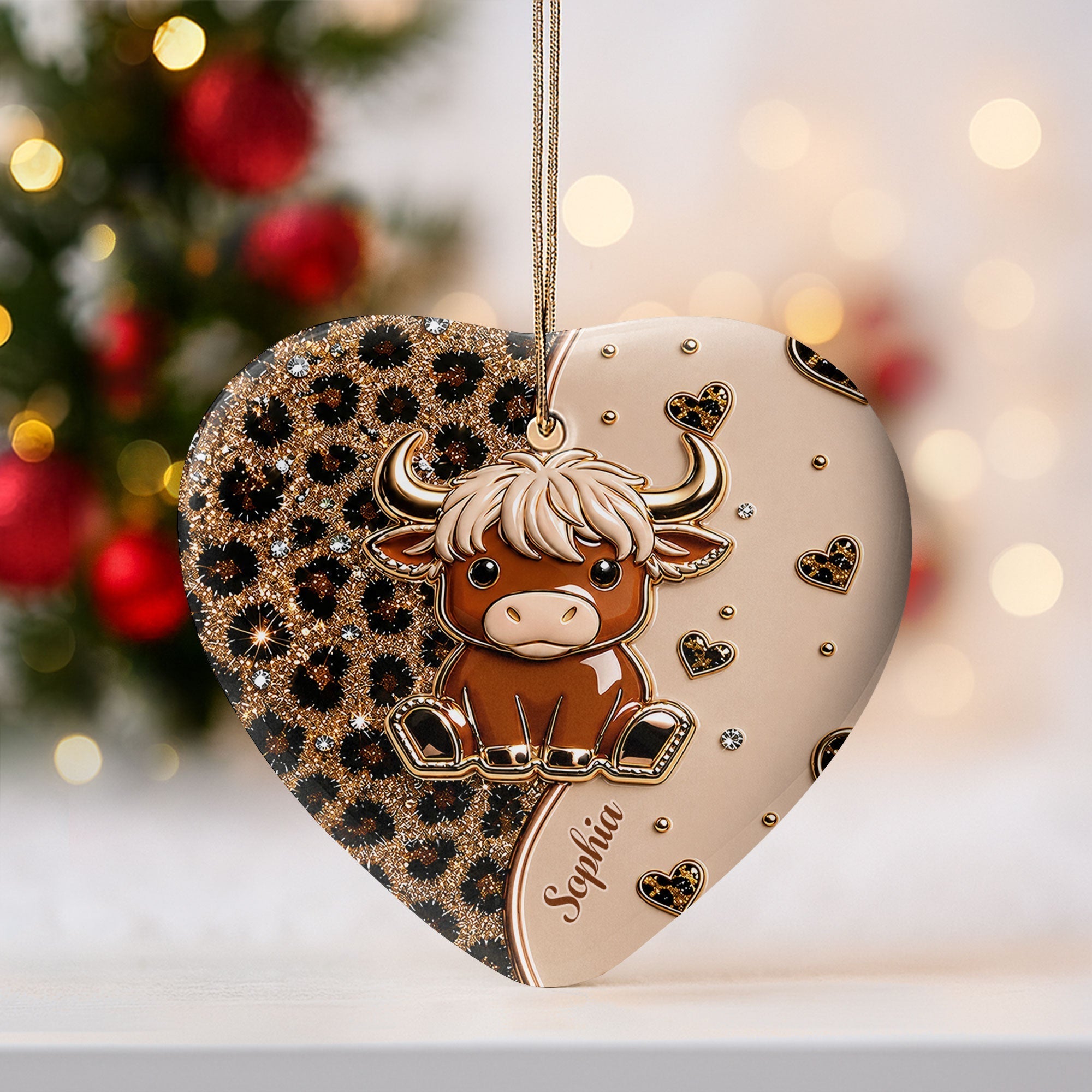 Personalized Highland Cow Heart Ceramic Ornament Custom Name Gift