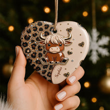 Load image into Gallery viewer, Personalized Highland Cow Heart Ceramic Ornament Custom Name Gift
