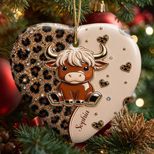 Load image into Gallery viewer, Personalized Highland Cow Heart Ceramic Ornament Custom Name Gift
