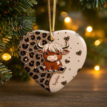 Load image into Gallery viewer, Personalized Highland Cow Heart Ceramic Ornament Custom Name Gift

