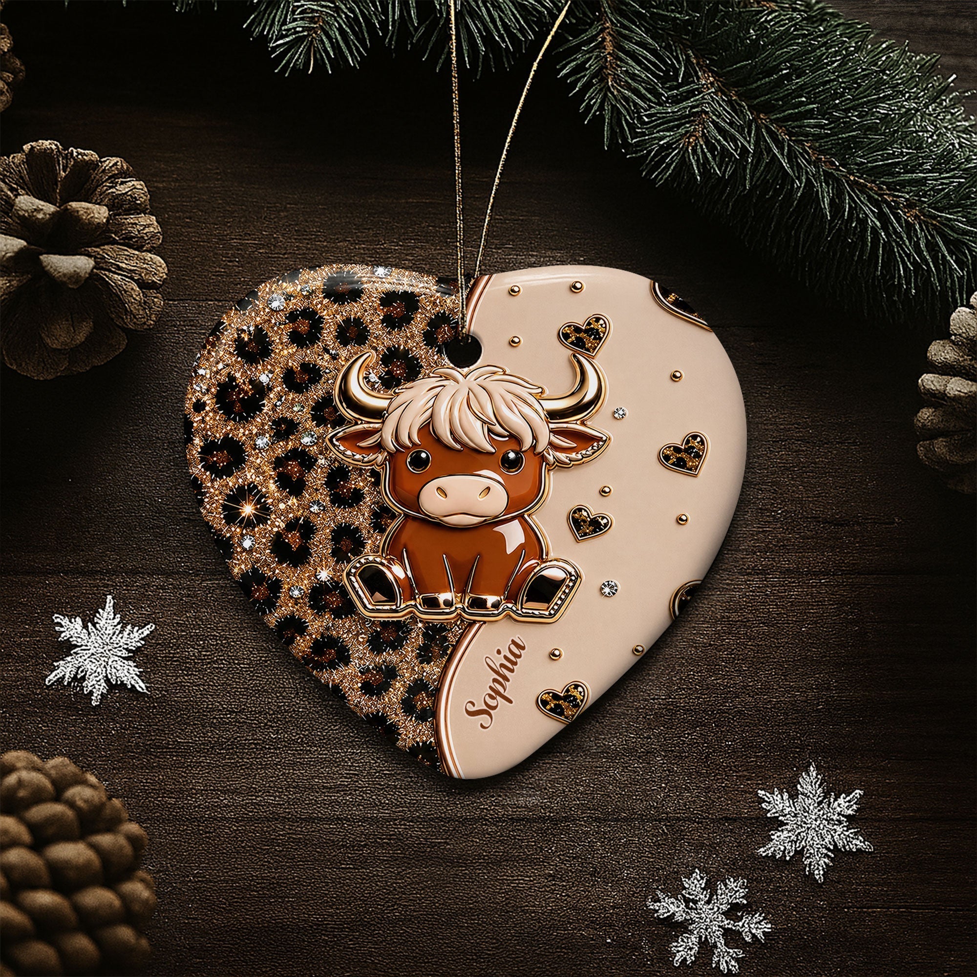 Personalized Highland Cow Heart Ceramic Ornament Custom Name Gift