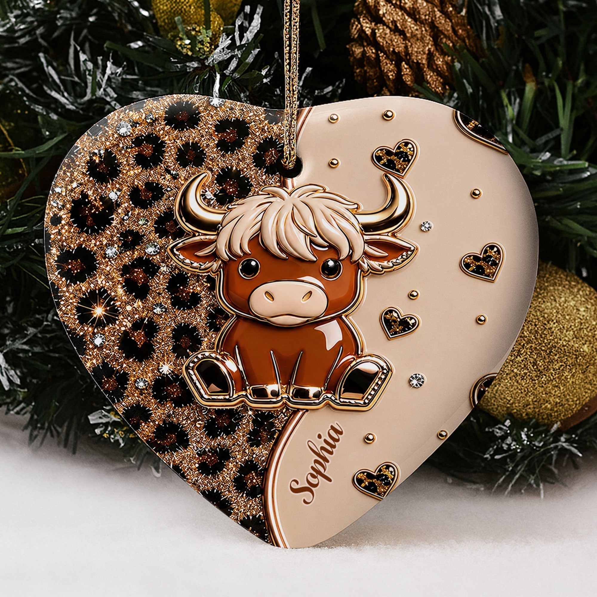Personalized Highland Cow Heart Ceramic Ornament Custom Name Gift