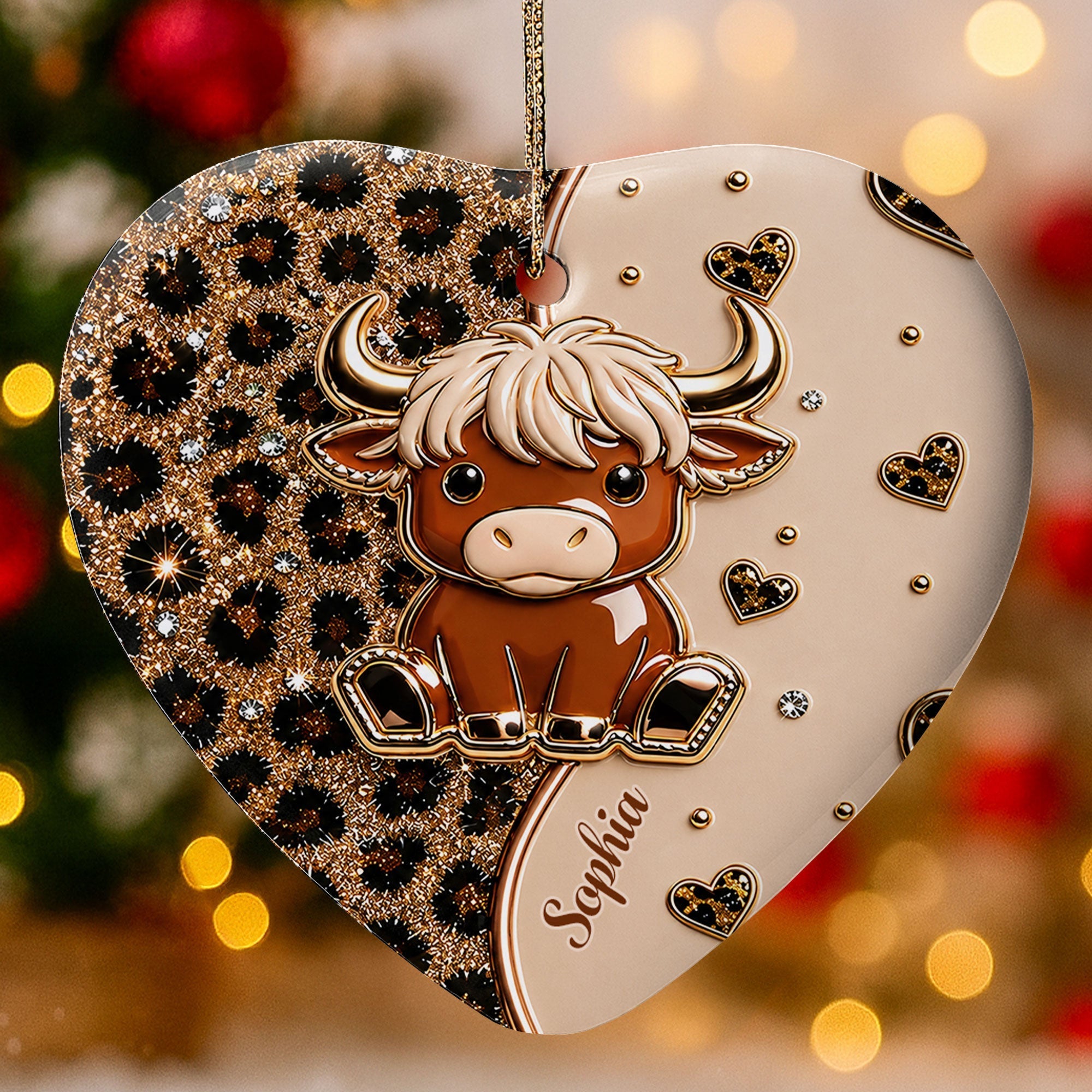 Personalized Highland Cow Heart Ceramic Ornament Custom Name Gift