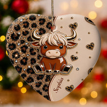 Load image into Gallery viewer, Personalized Highland Cow Heart Ceramic Ornament Custom Name Gift
