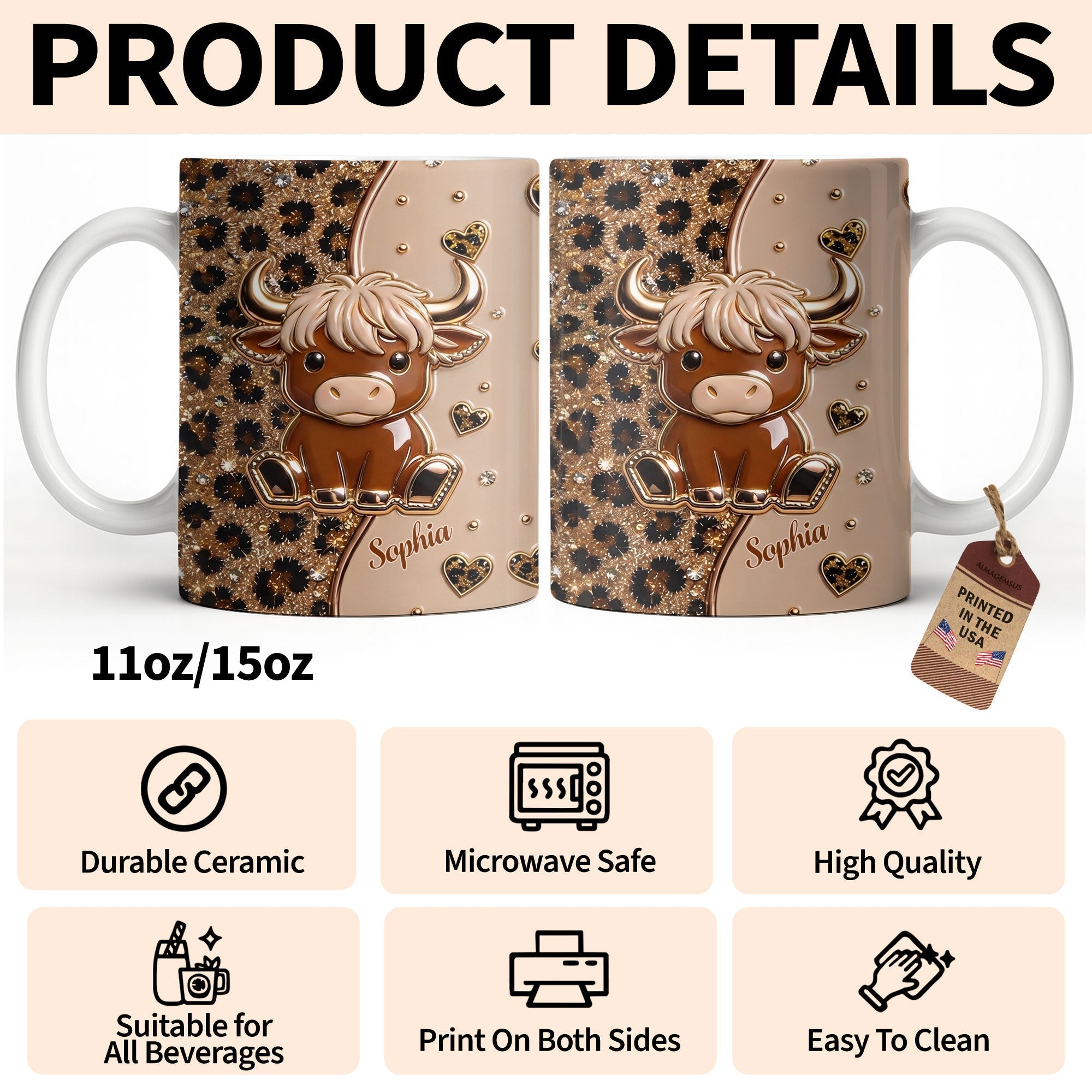 Personalized Cute Baby Highland Cow Mug Custom Name Gift for Cow Lovers