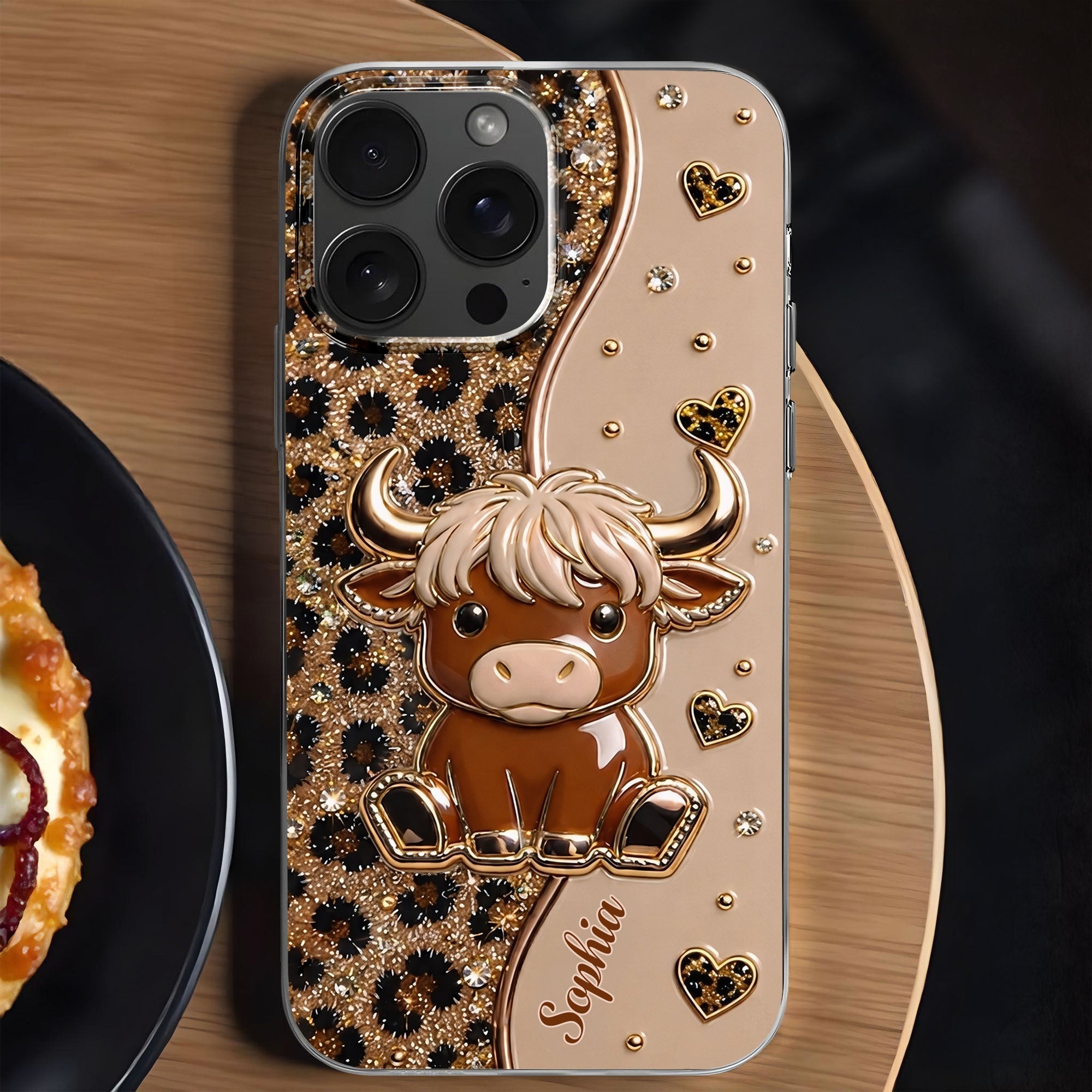 Personalized Clear Phone Case Cute Highland Cow Hearts Gift