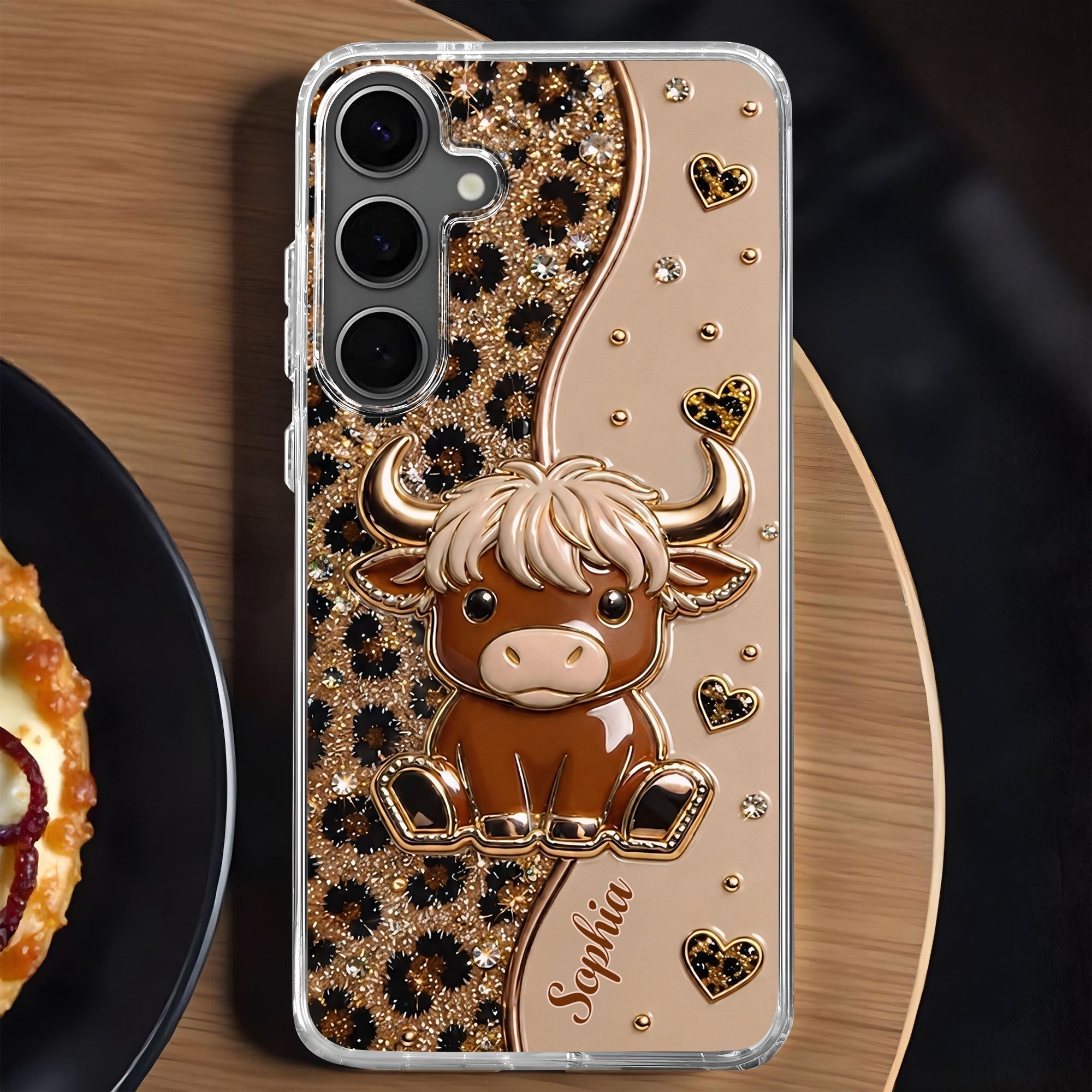 Personalized Clear Phone Case Cute Highland Cow Hearts Gift