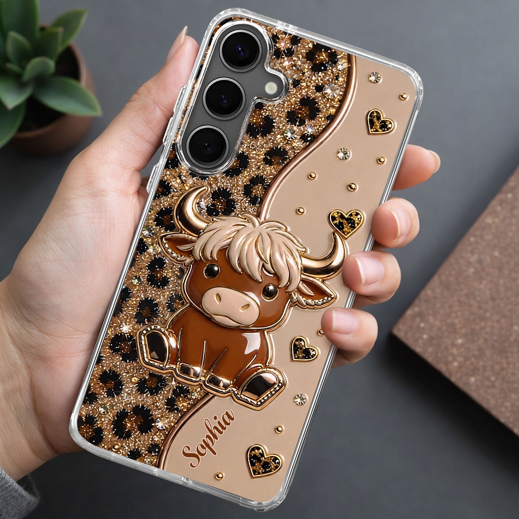 Personalized Clear Phone Case Cute Highland Cow Hearts Gift