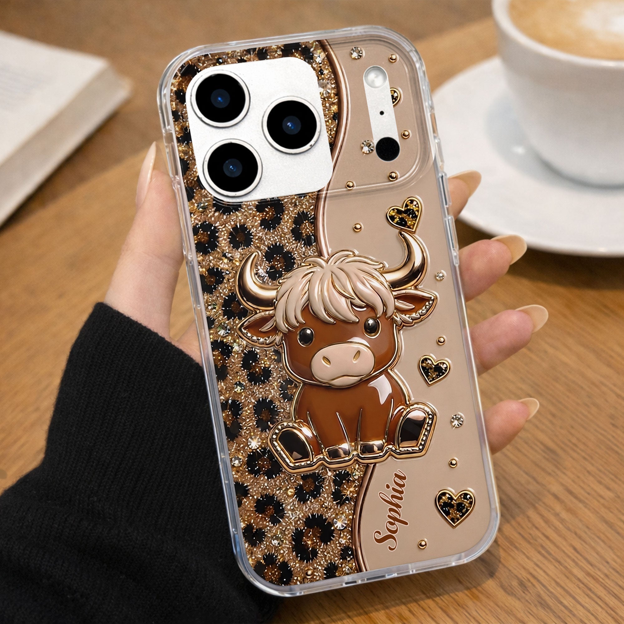 Personalized Clear Phone Case Cute Highland Cow Hearts Gift