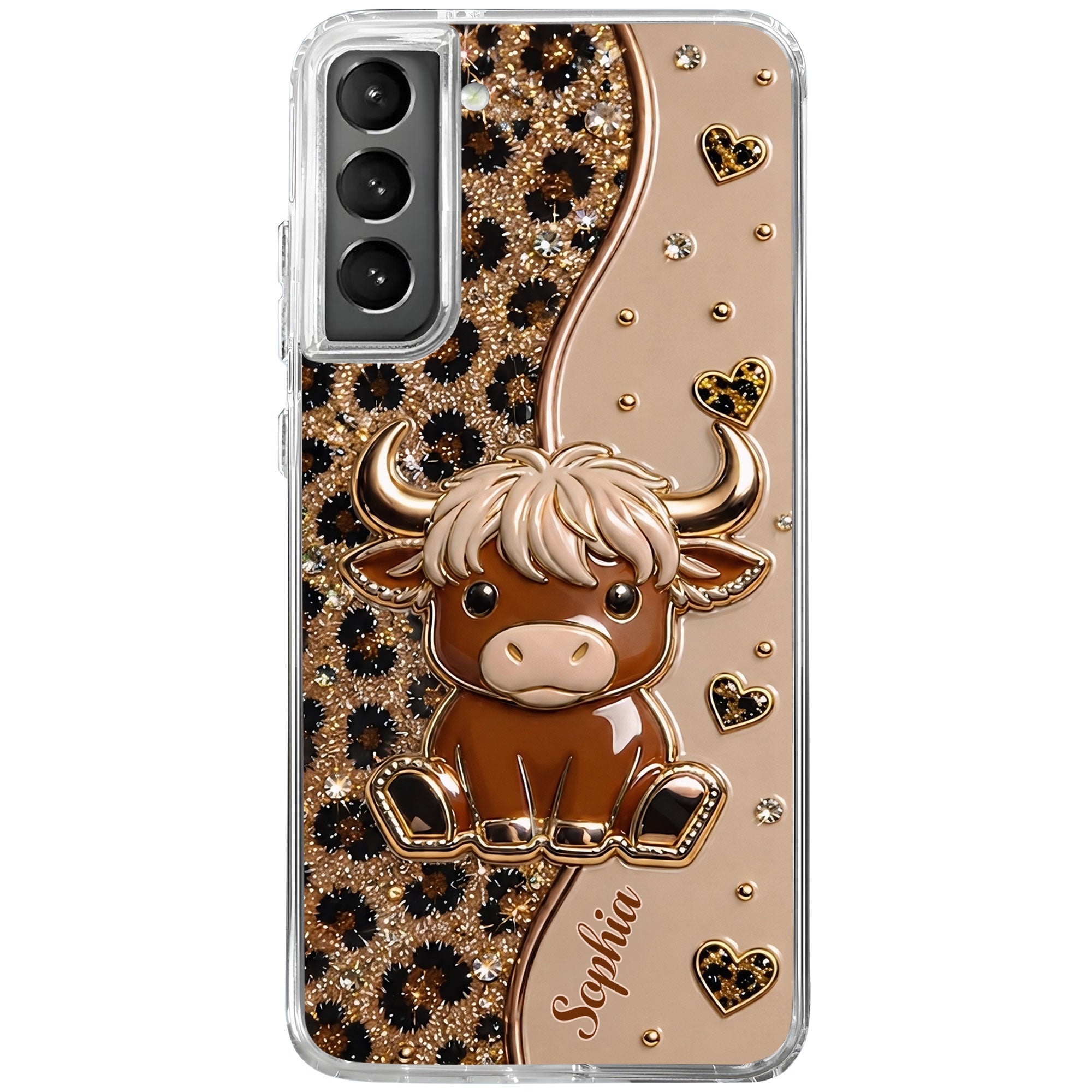 Personalized Clear Phone Case Cute Highland Cow Hearts Gift