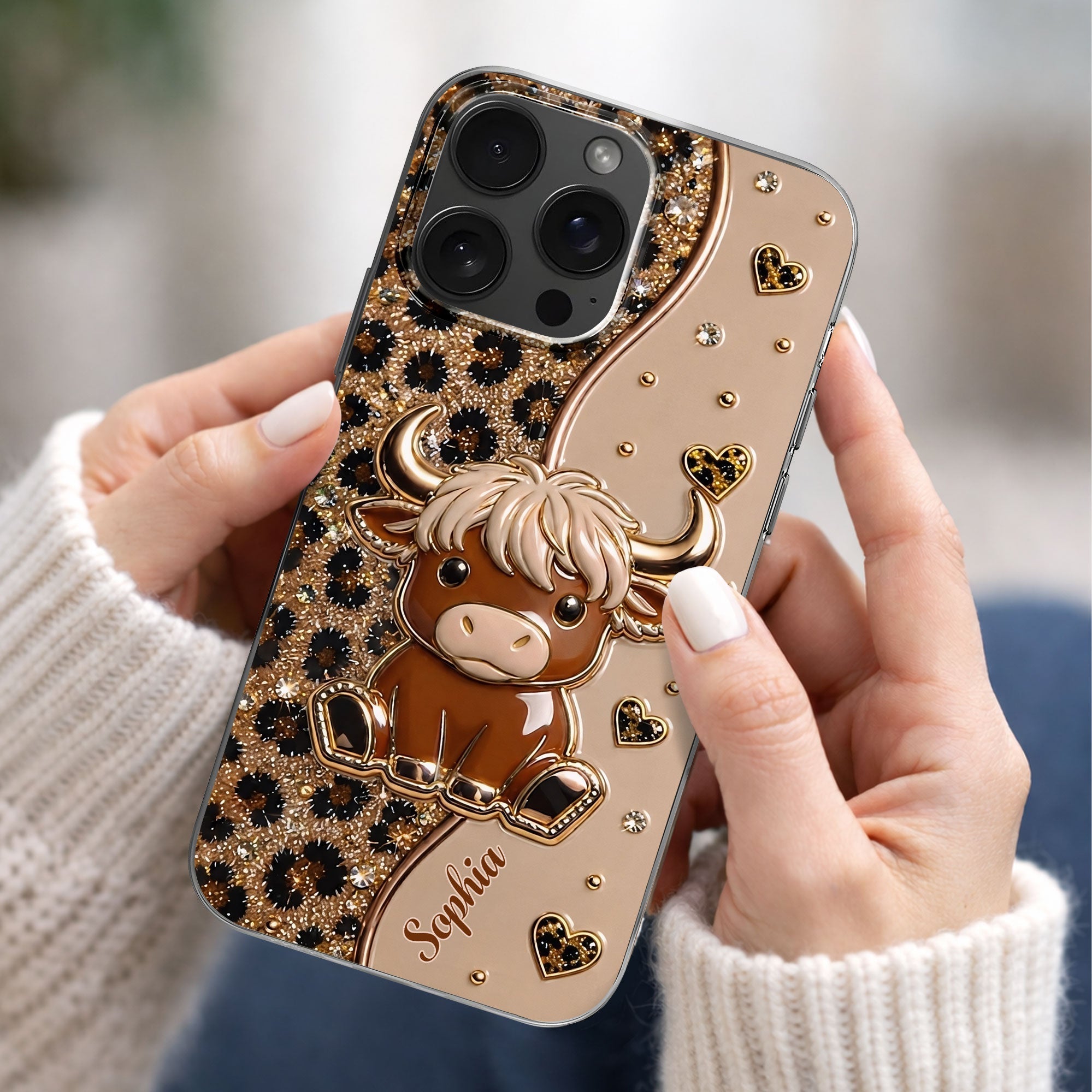 Personalized Clear Phone Case Cute Highland Cow Hearts Gift