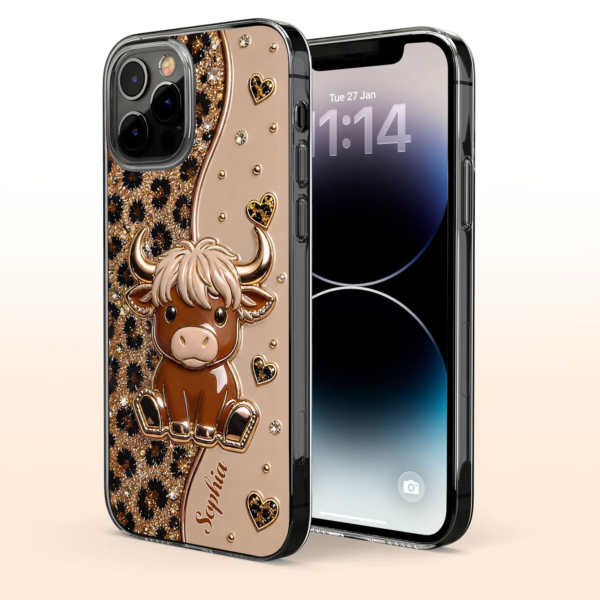 Personalized Clear Phone Case Cute Highland Cow Hearts Gift