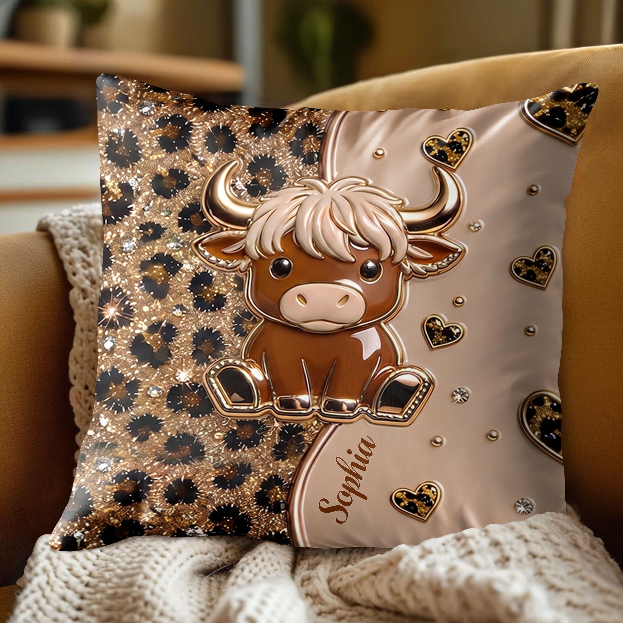 Personalized Highland Cow Pillow Custom Name Gift for Cow Lovers