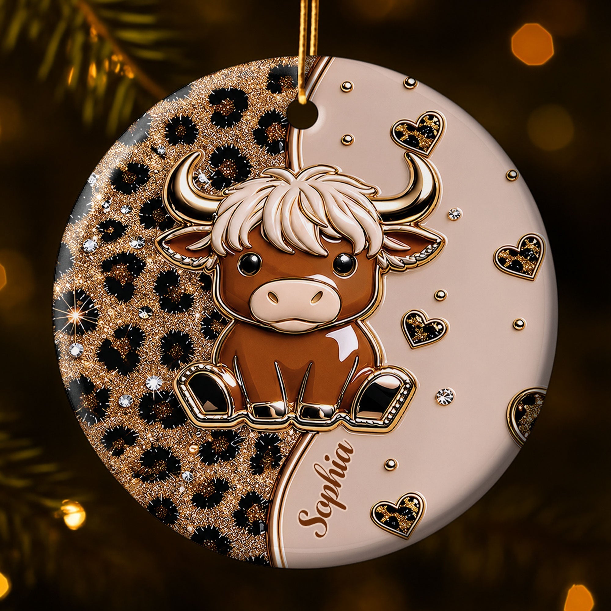 Personalized Highland Cow Ceramic Ornament Custom Name Gift