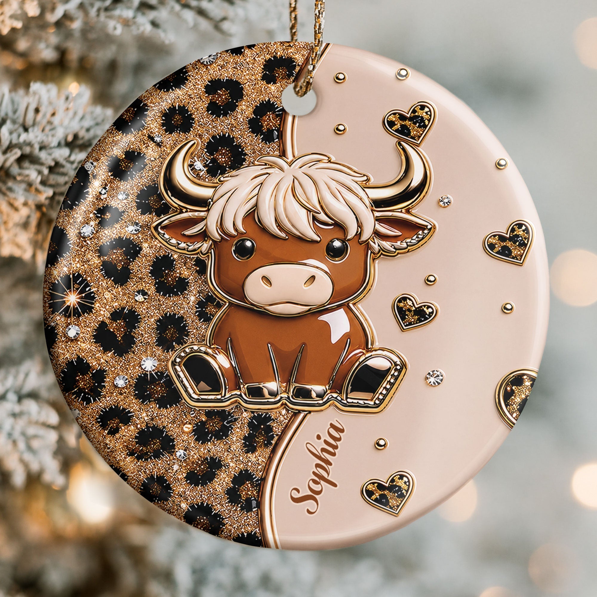 Personalized Highland Cow Ceramic Ornament Custom Name Gift