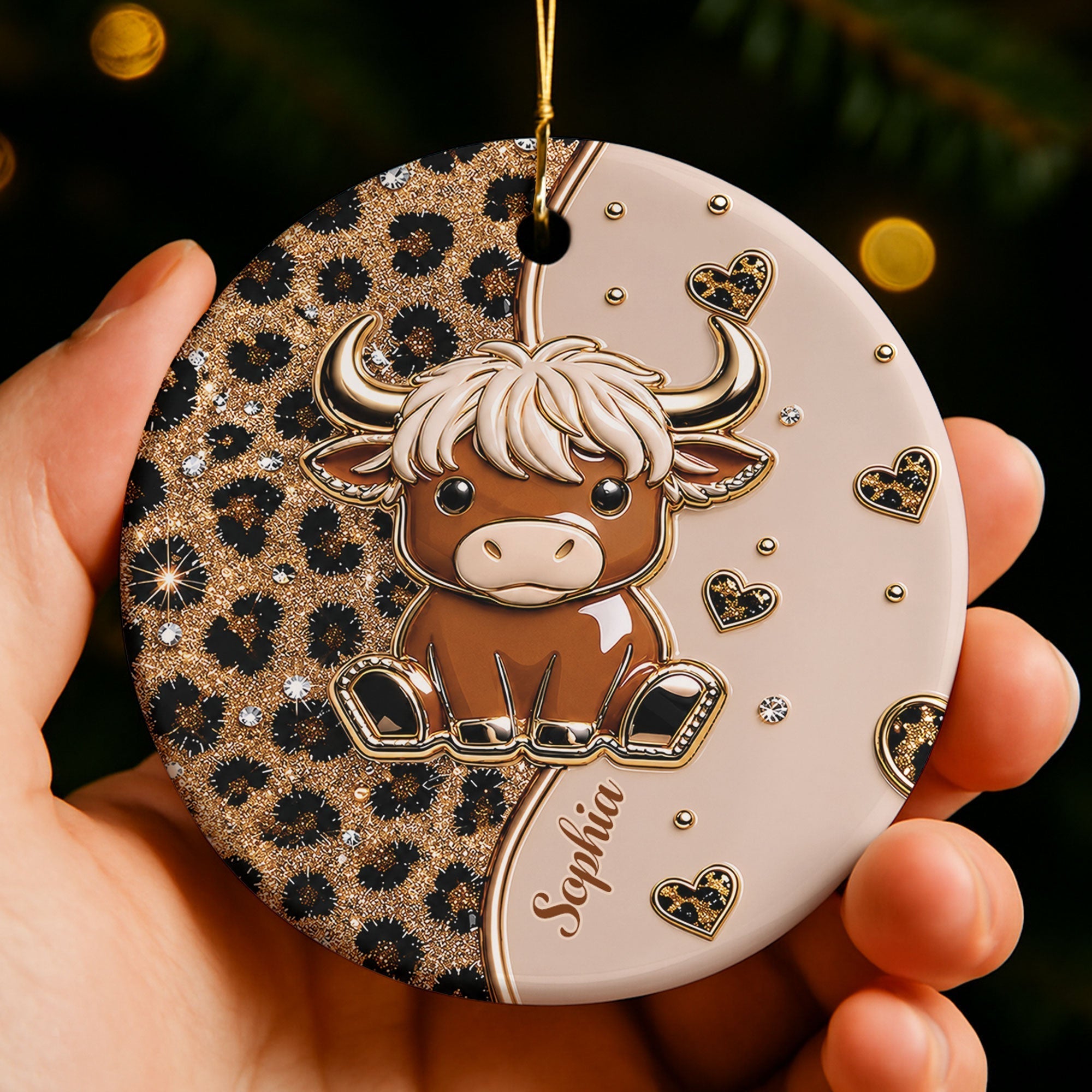 Personalized Highland Cow Ceramic Ornament Custom Name Gift