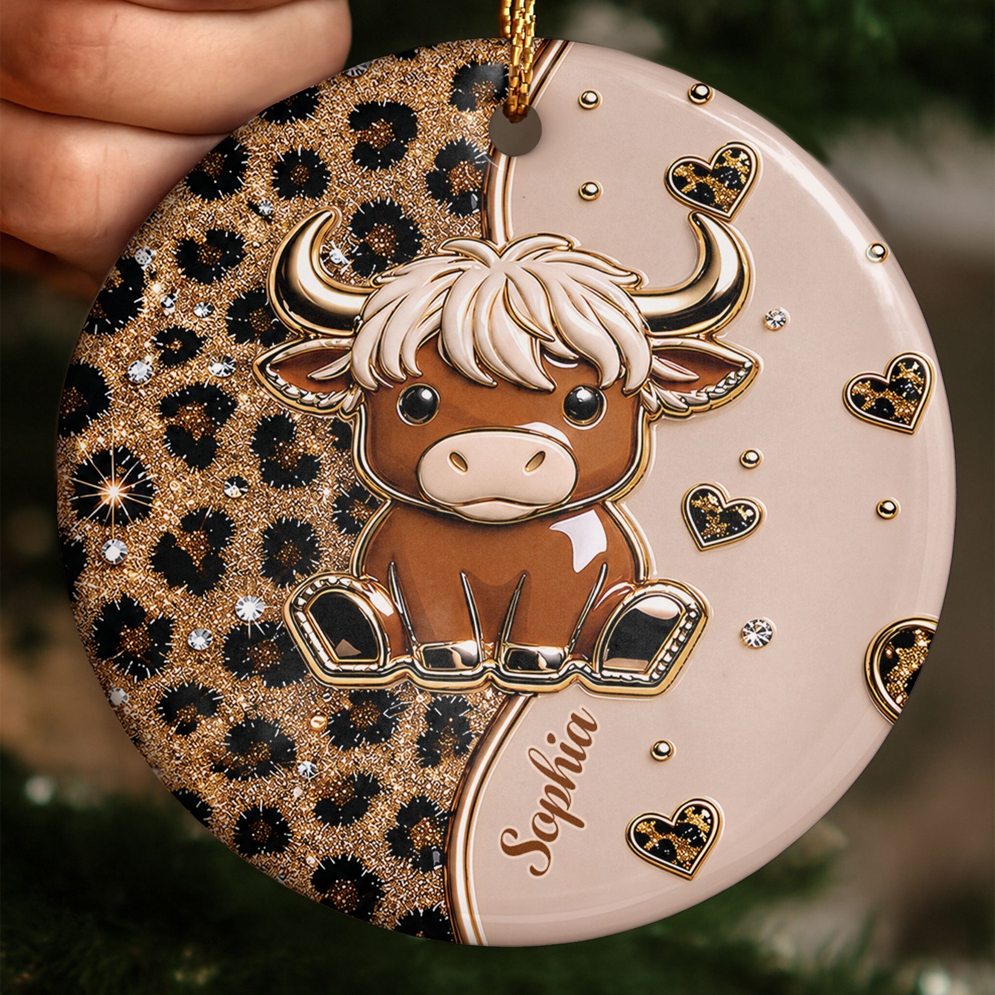 Personalized Highland Cow Ceramic Ornament Custom Name Gift