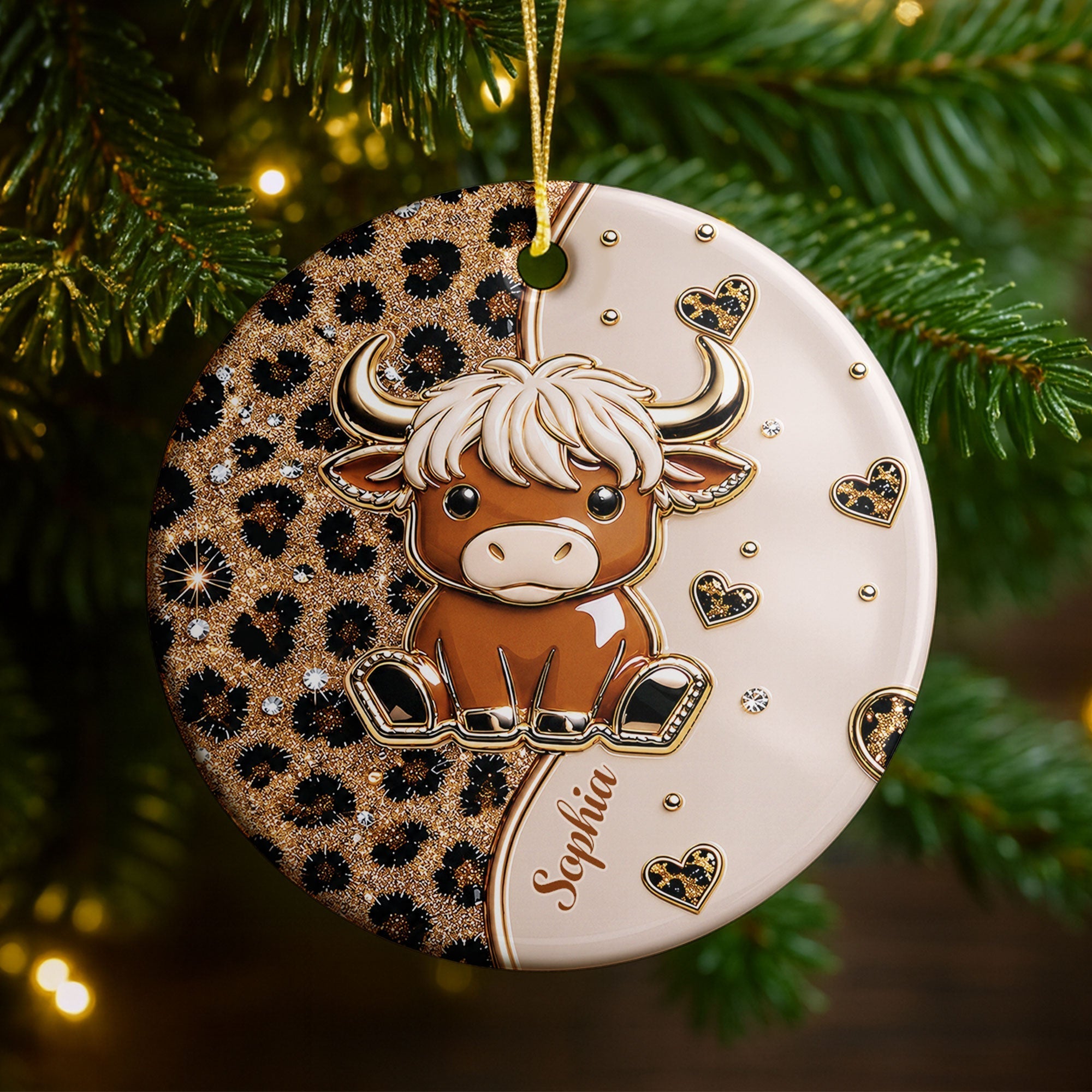 Personalized Highland Cow Ceramic Ornament Custom Name Gift