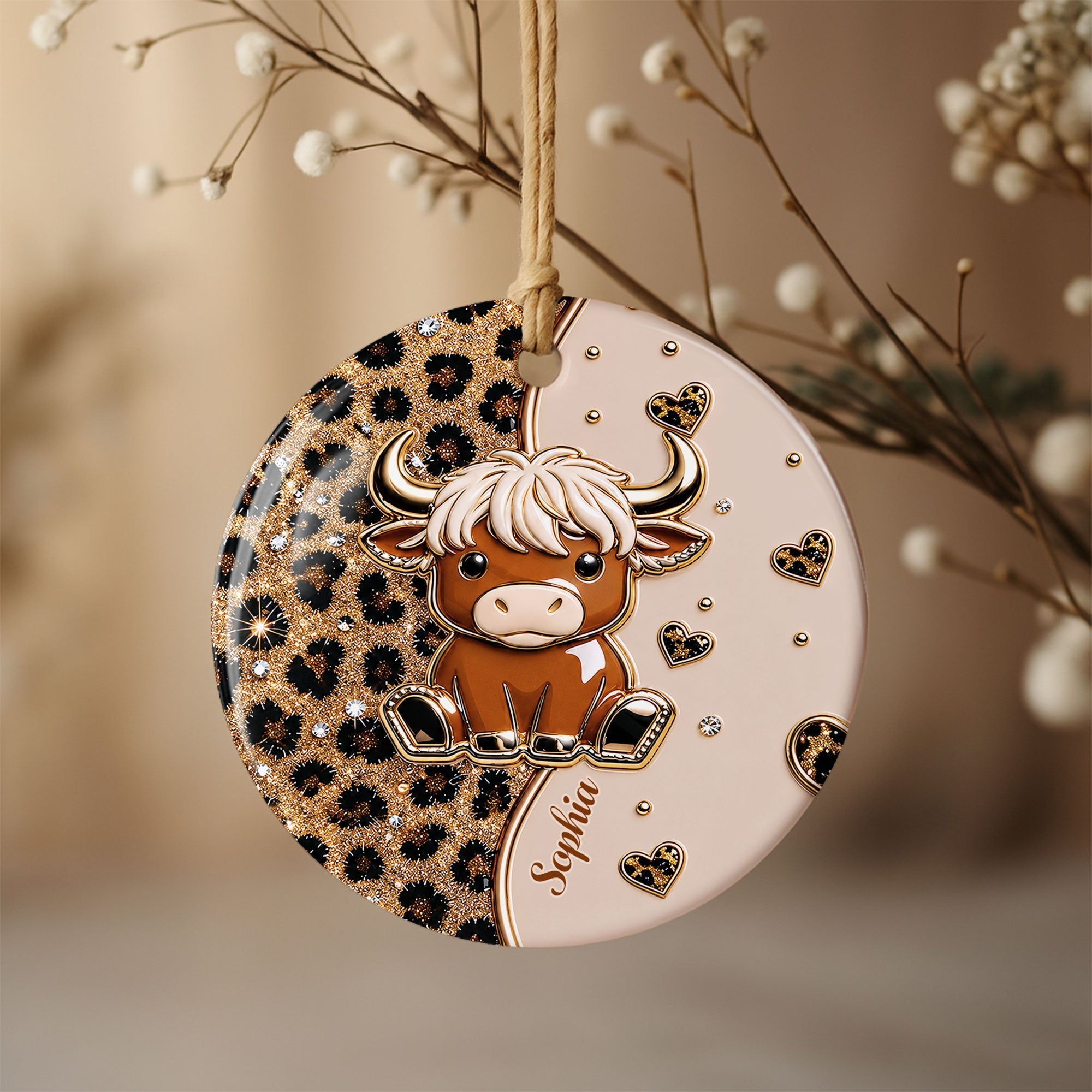 Personalized Highland Cow Ceramic Ornament Custom Name Gift